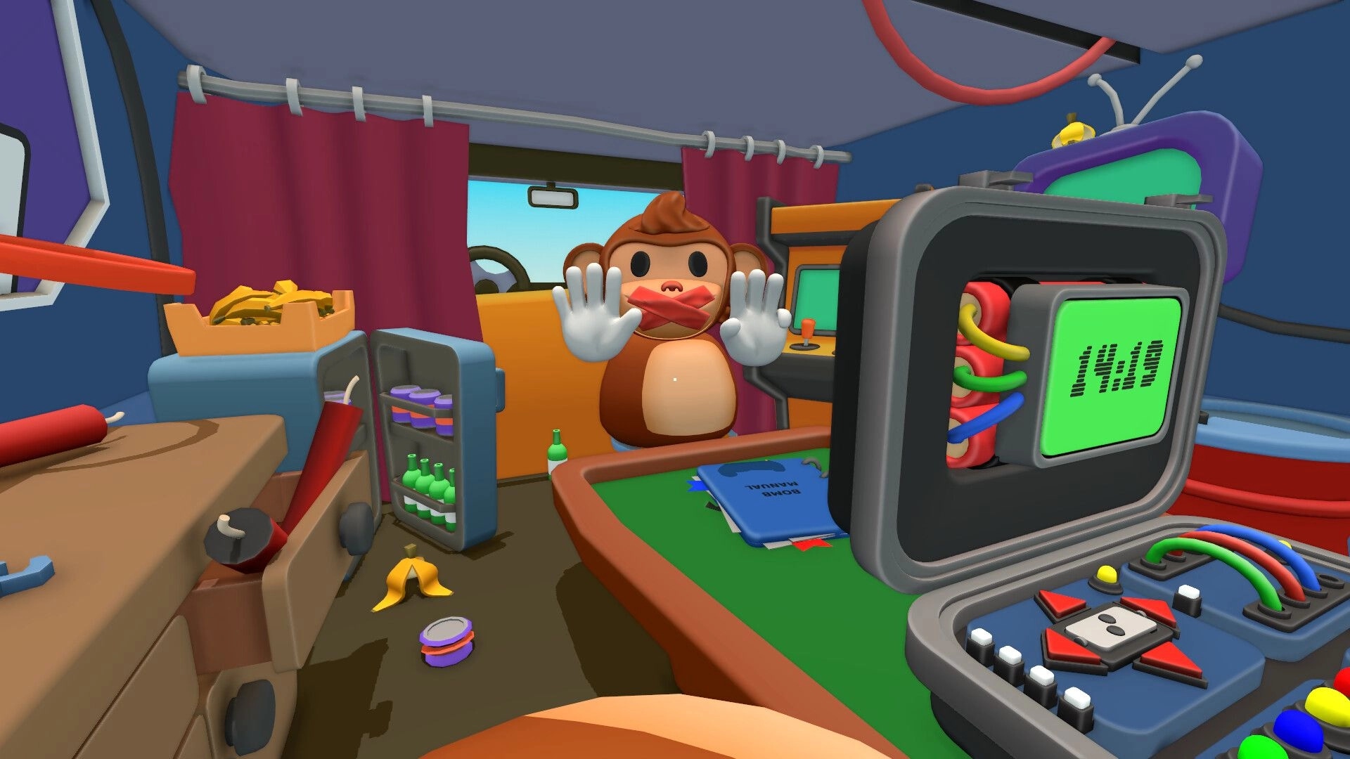 BOMBANANA!: Mute monkey with taped mouth gestures in van workshop beside bomb module and manual.