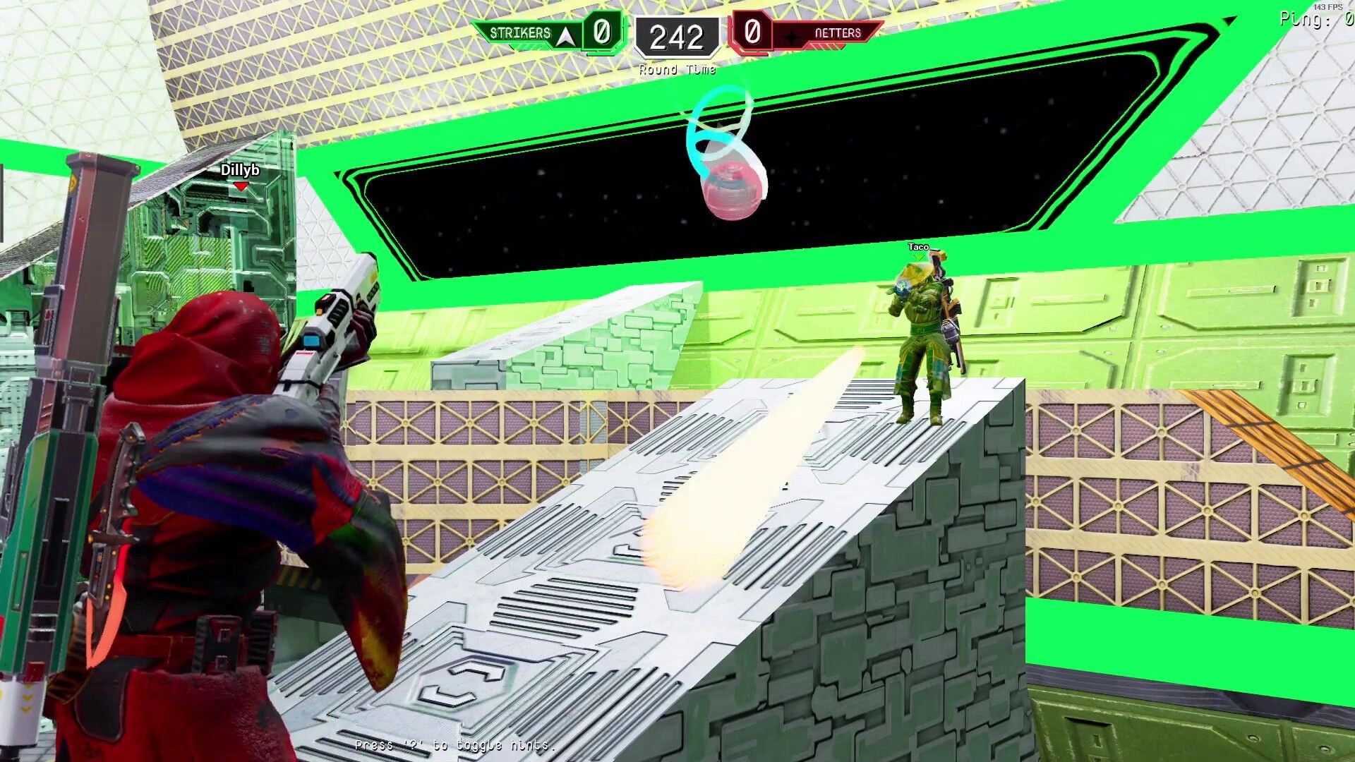 Bomberball: Dillyb throws glowing bomb to Taco on metal ramp in neon-lit sci-fi arena