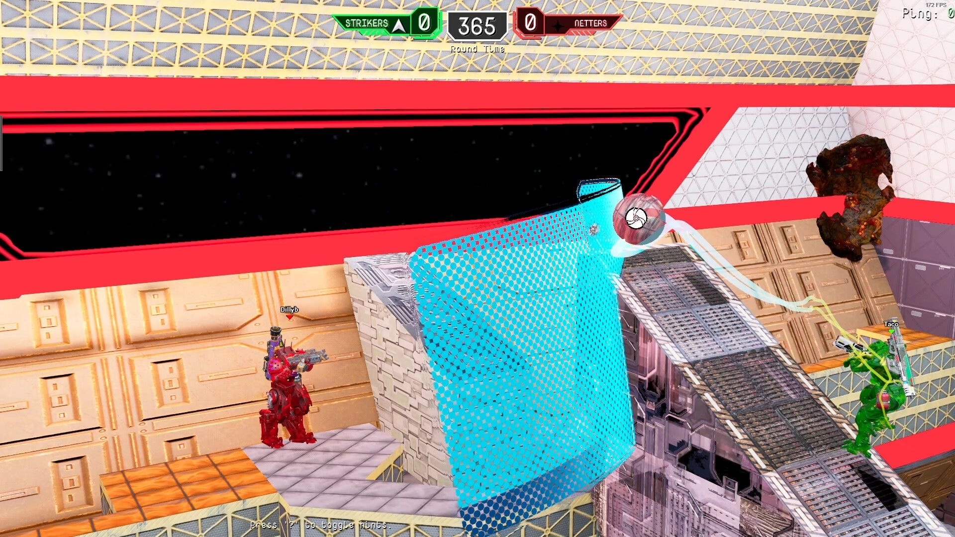 Bomberball: Player Dillyb prepares to throw bomb over bright arena as Taco defends on opposite side.