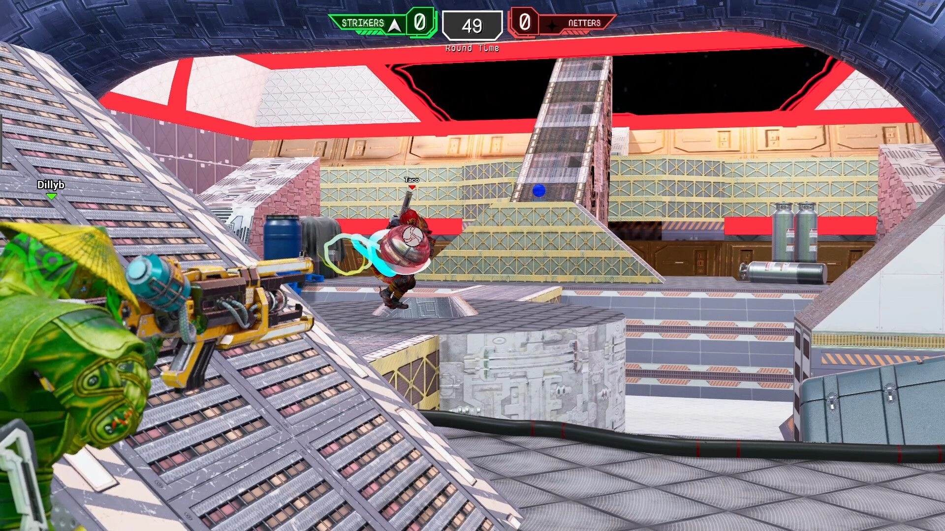 Bomberball: Player Dillyb aims sci-fi weapon at Taco carrying bomb in futuristic arena.