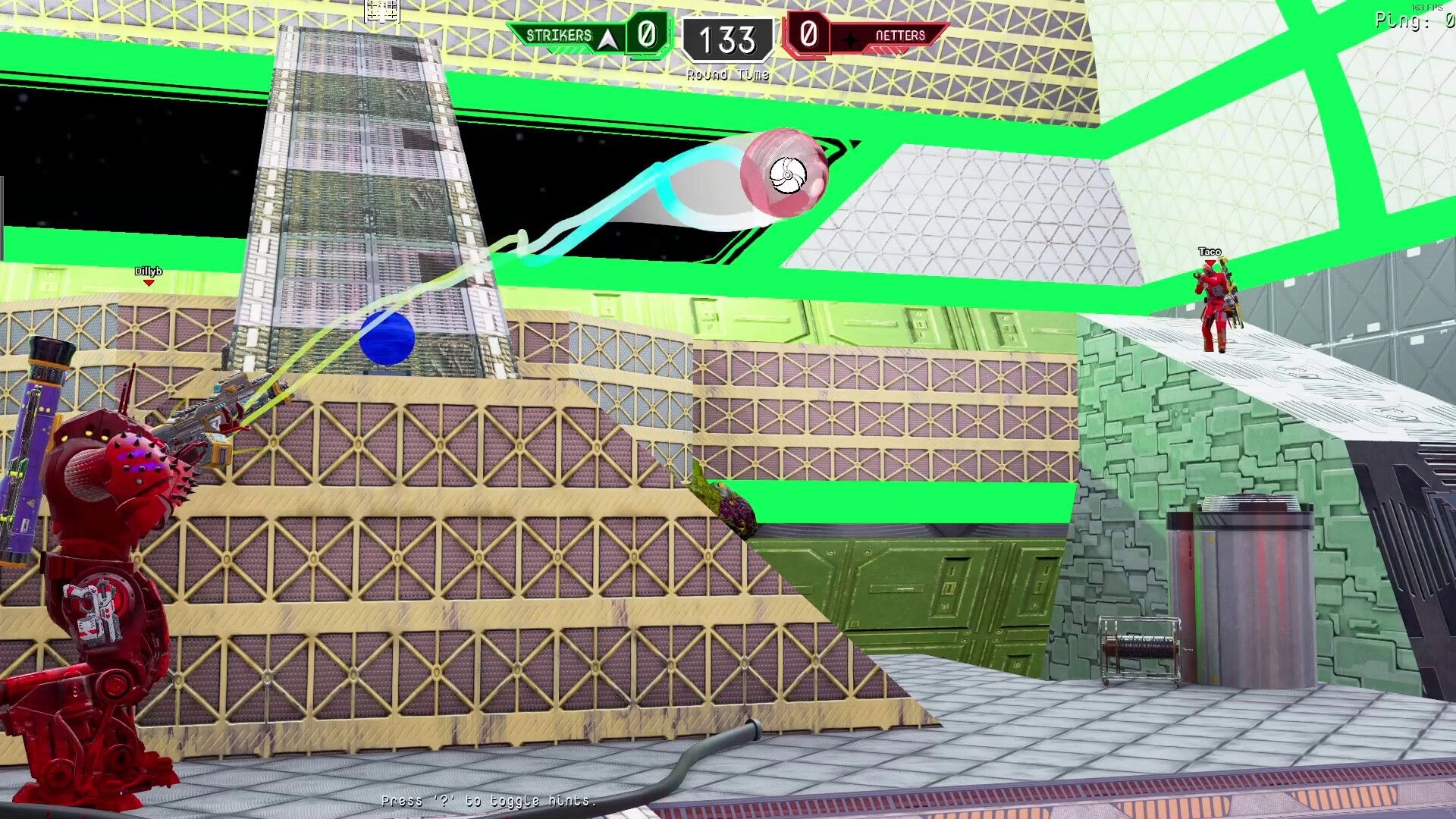 Bomberball: Player Billyb launches bomb towards enemy rift in neon-lit arena with futuristic design