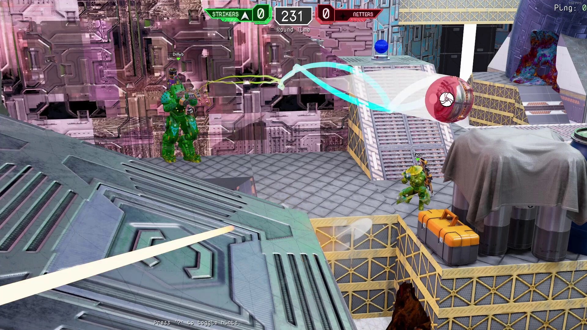 Bomberball: Player Dillyb passes bomb across futuristic arena with score and time HUD visible