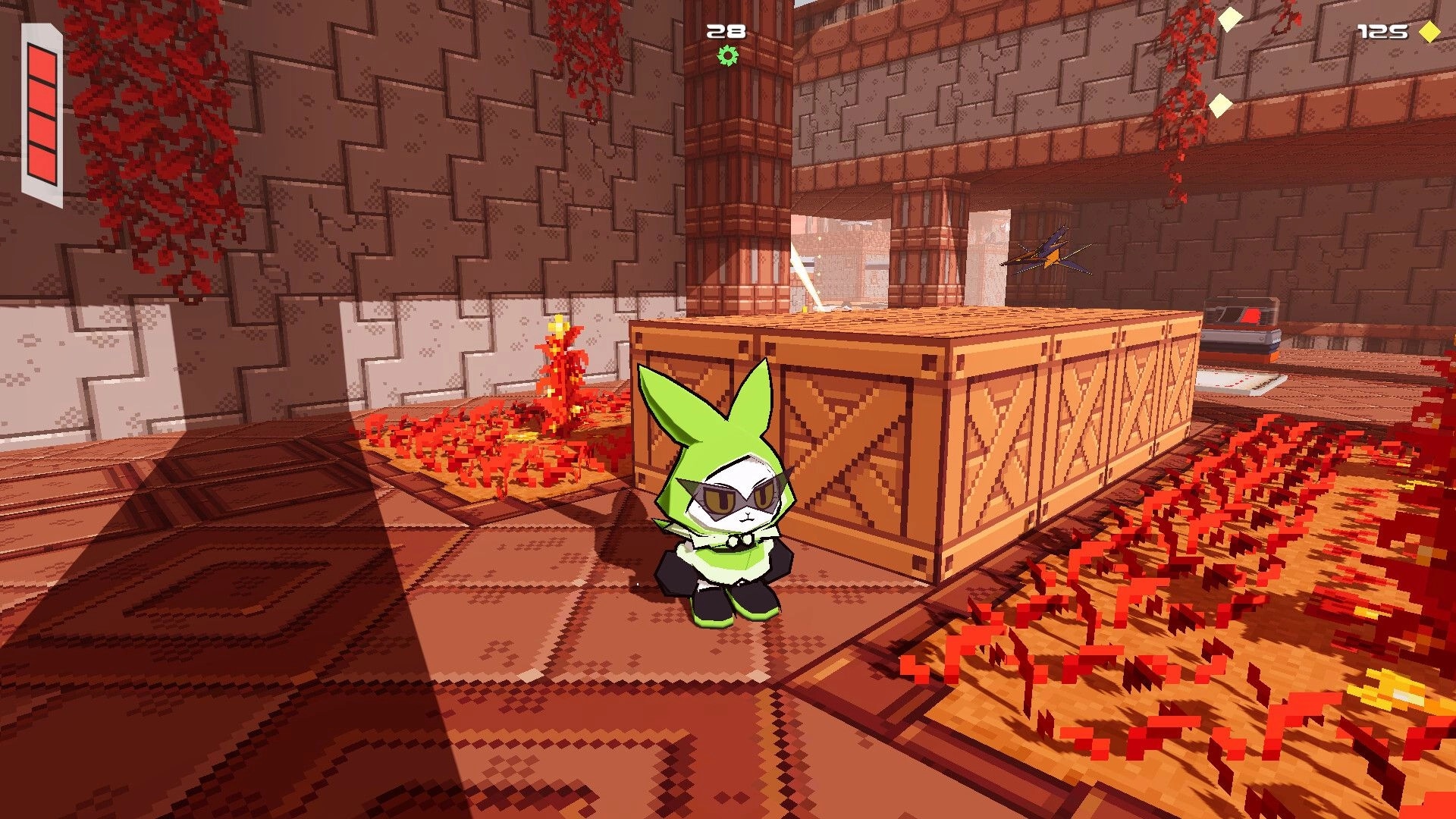 Bombun: Green rabbit stands by a wooden crate with HUD bars and counters in a brick courtyard.