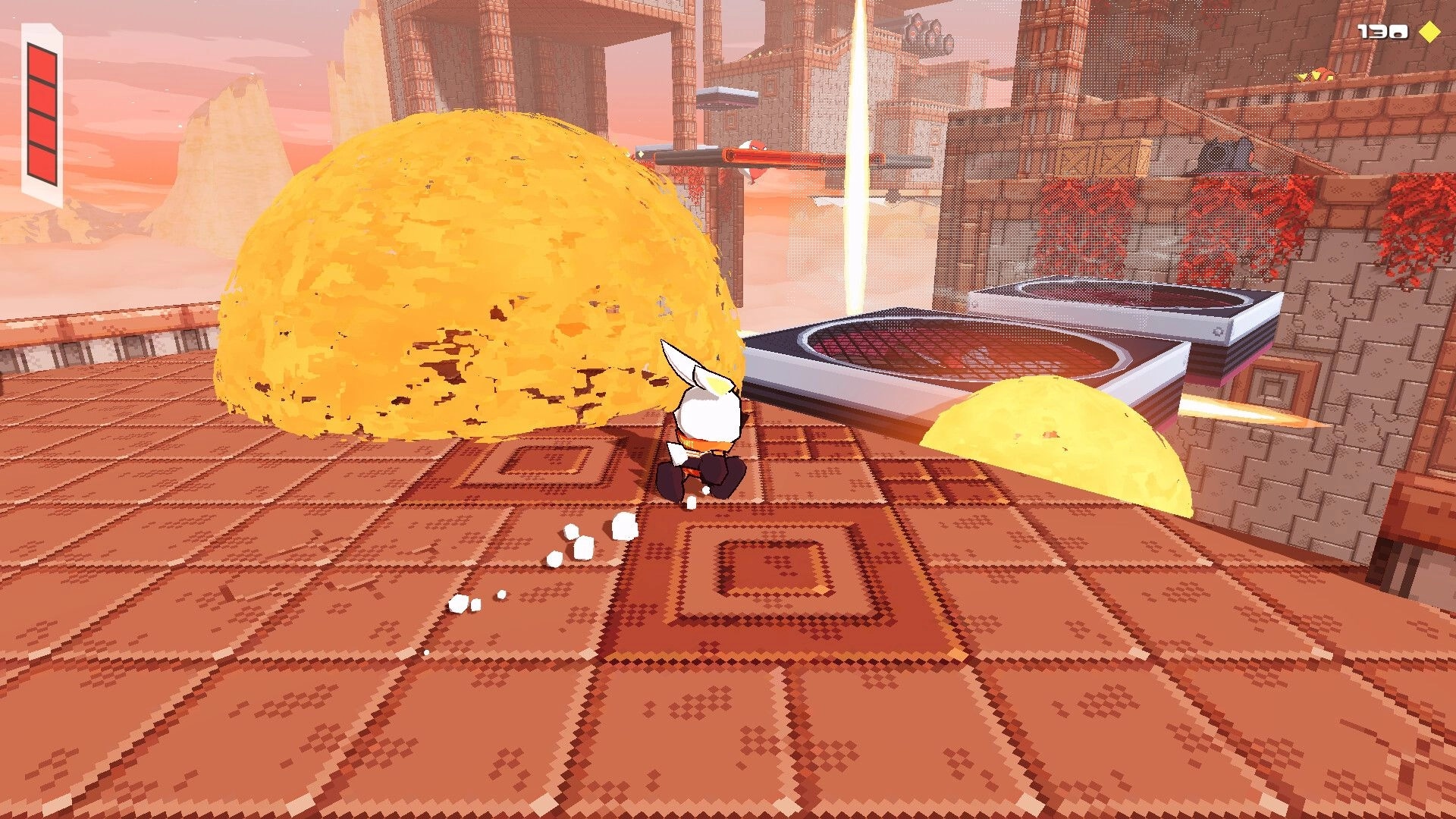 Bombun: Rabbit hero runs past giant yellow boulders on tiled platforms in a floating fortress level.