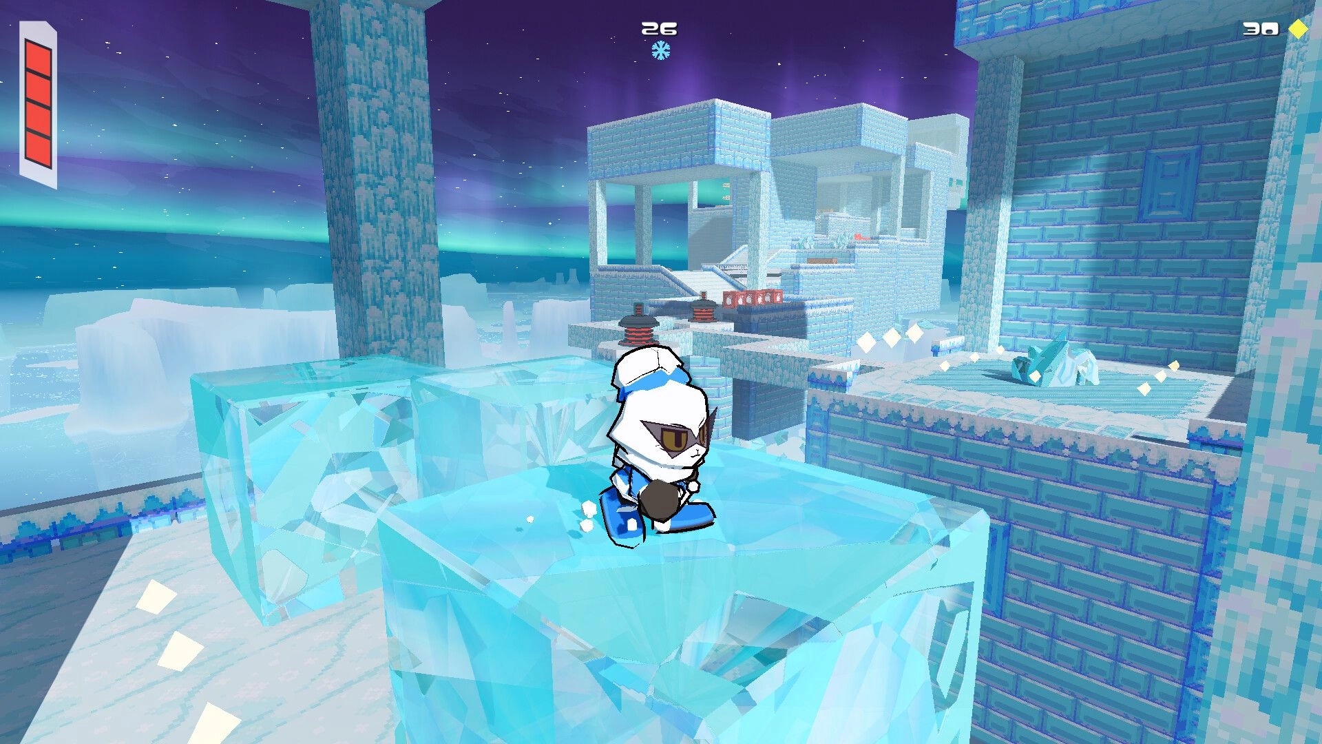 Bombun: Rabbit hero holding a bomb on icy platforms, health bar and counters in frozen fortress level.