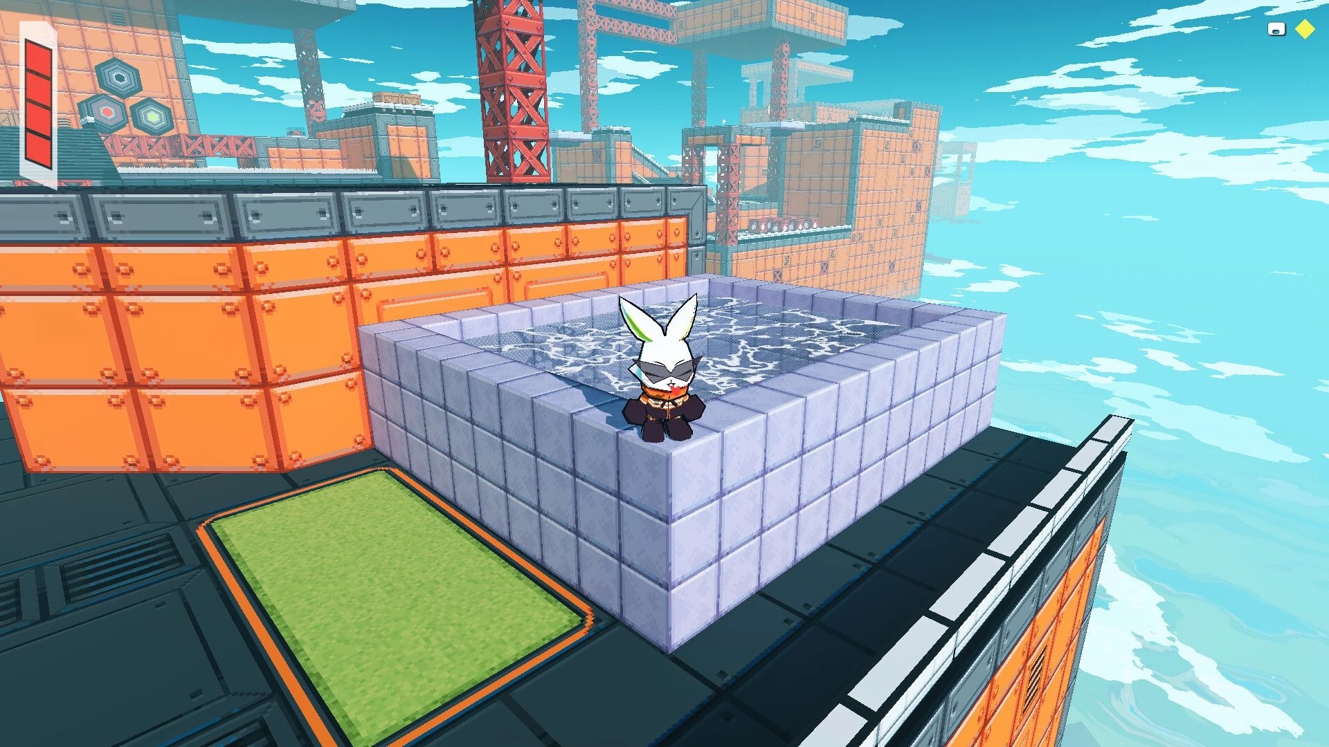 Bombun: Rabbit hero perched on a tiled water pool ledge atop an orange metal fortress in the sky.