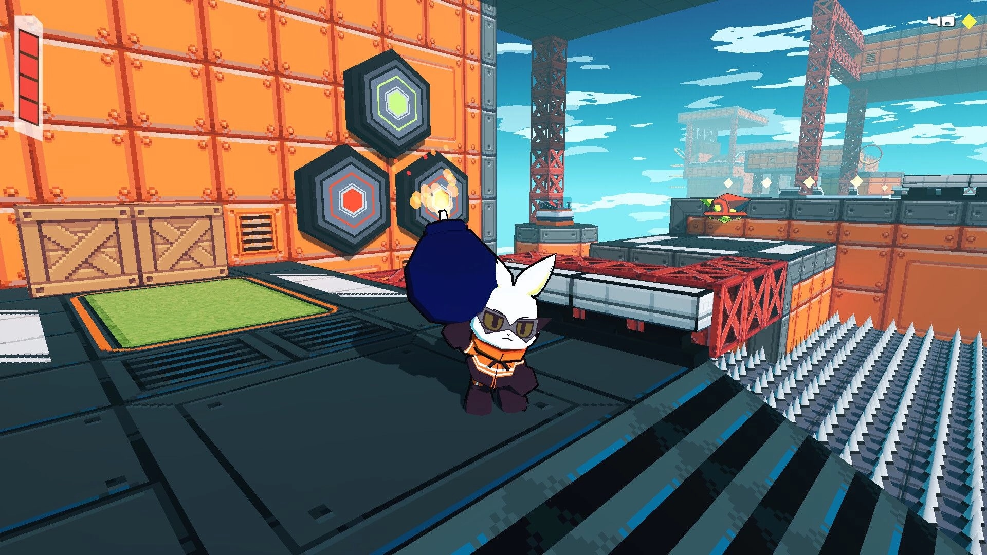 Bombun: Rabbit hero holding a lit bomb near wall targets and spike pit on orange metal platforms.