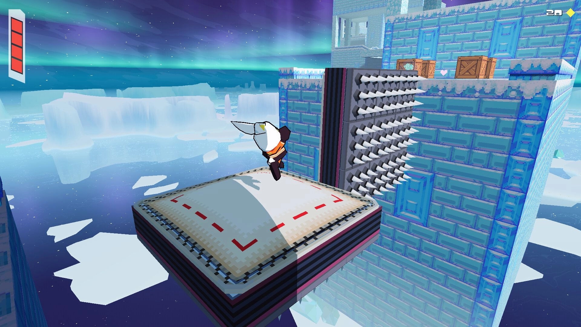 Bombun: Rabbit character jumps from a floating platform past spike wall on icy sky fortress level.