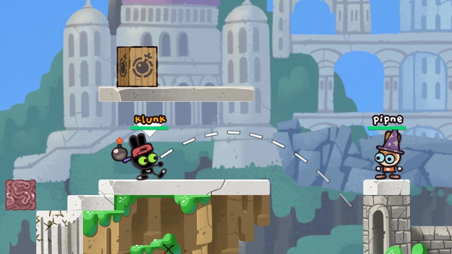 BOMMY: Klunk aims a bomb throw at Pipne across stone platforms in castle ruins arena UI.
