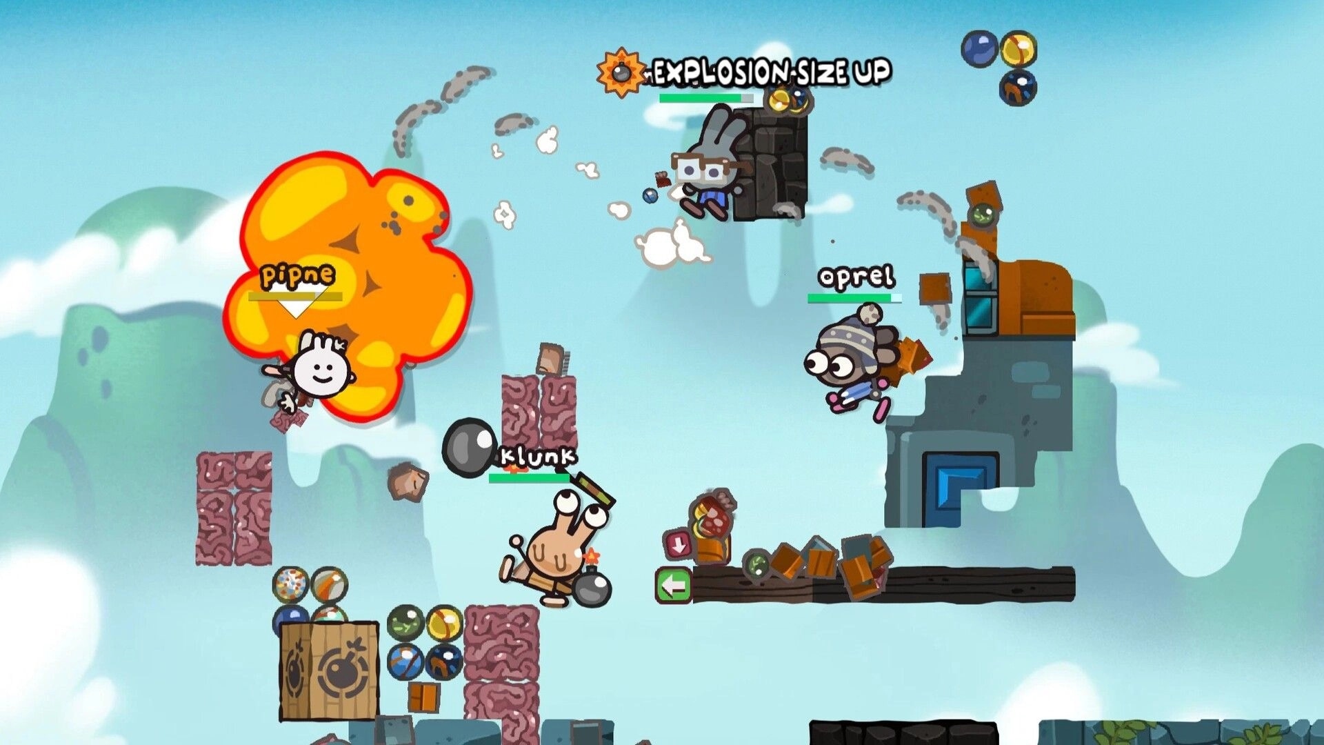 BOMMY: Explosion hits pipne as klunk and oprel jump between floating platforms in sky arena.