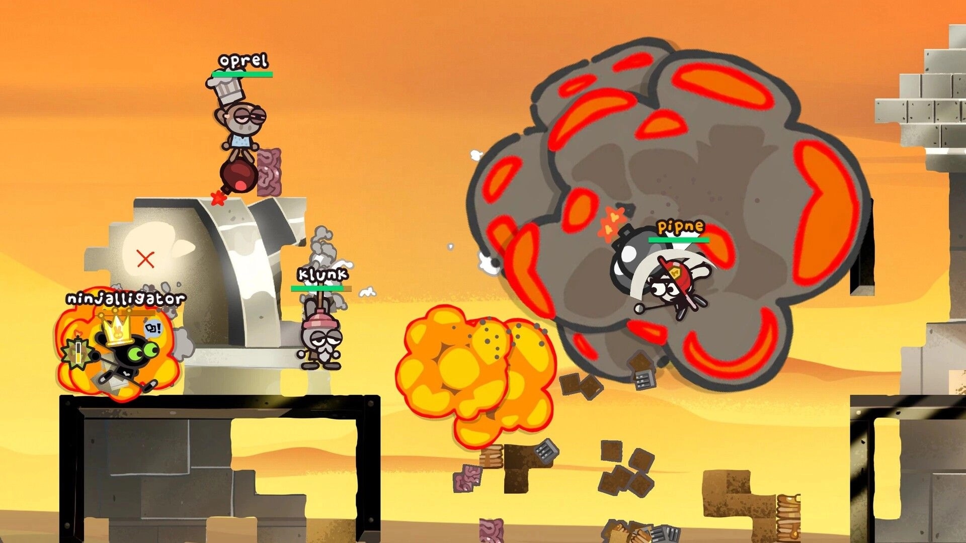 BOMMY: Three bunny fighters with name tags dodge huge explosions on a sandy ruin platform arena.