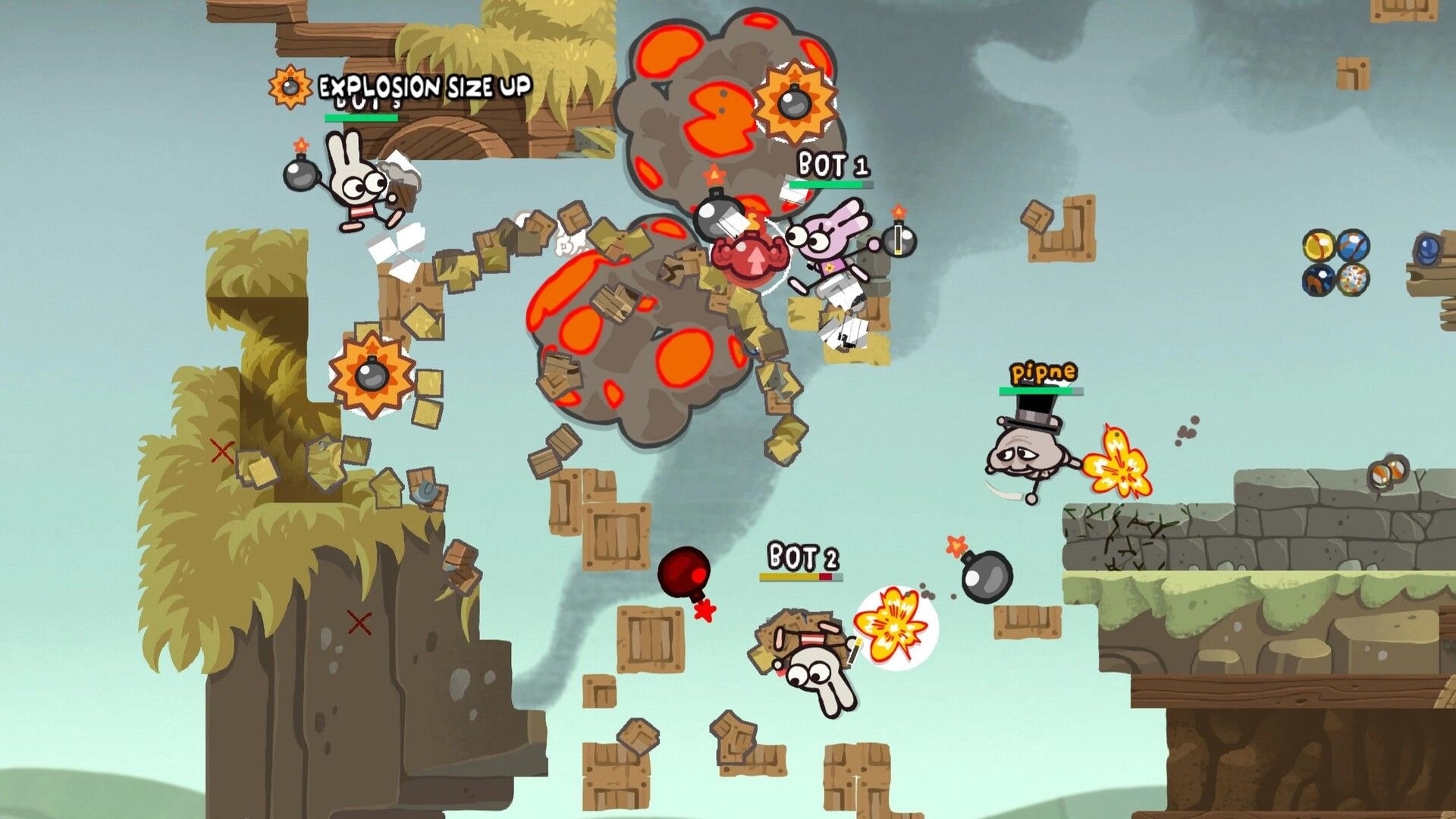 BOMMY: Rabbits toss bombs as a huge blast scatters crates on floating cliff platforms with bots and HP bars.
