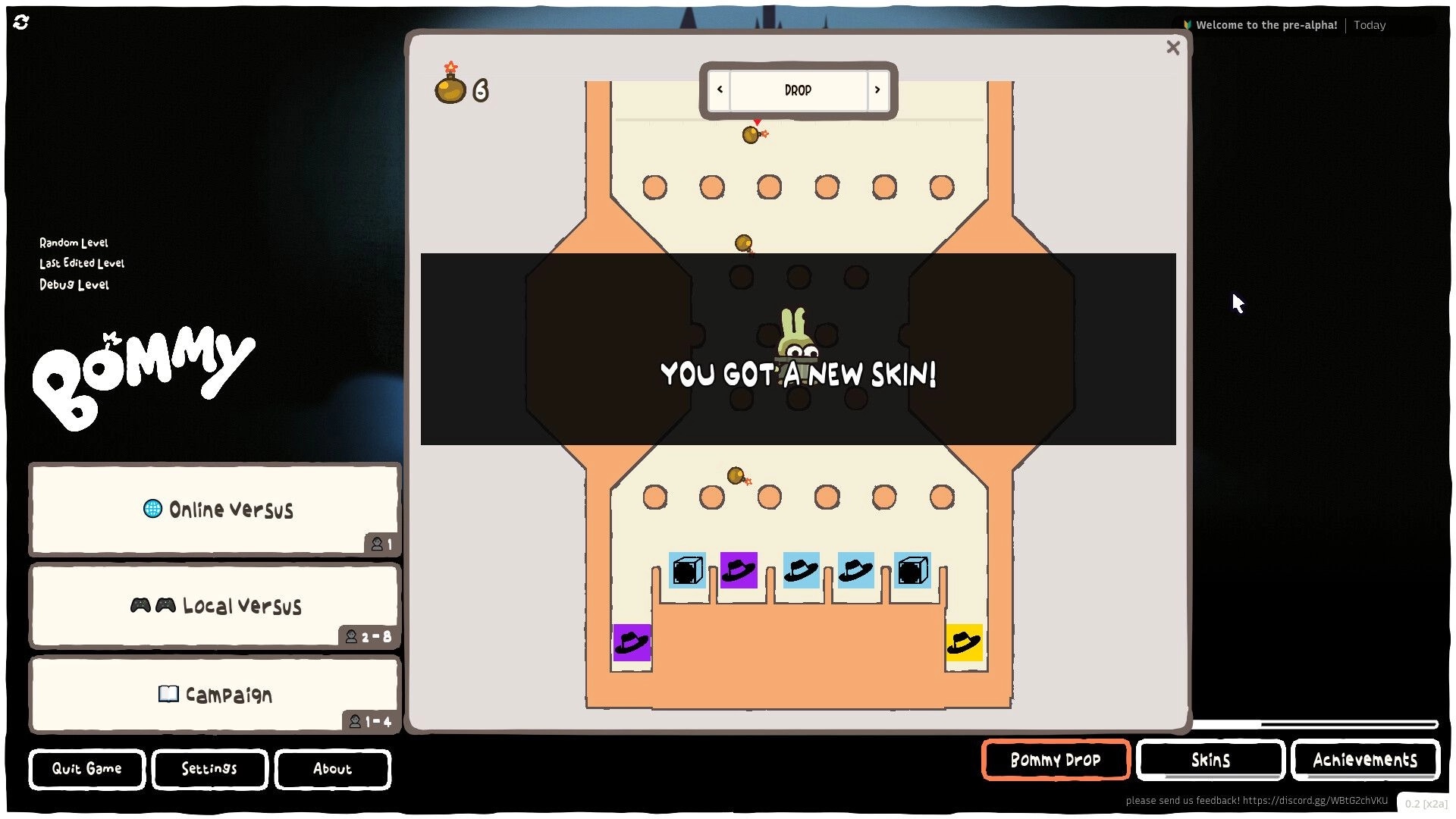BOMMY: Bommy Drop loot screen with “YOU GOT A NEW SKIN!” banner over a pegboard machine UI.