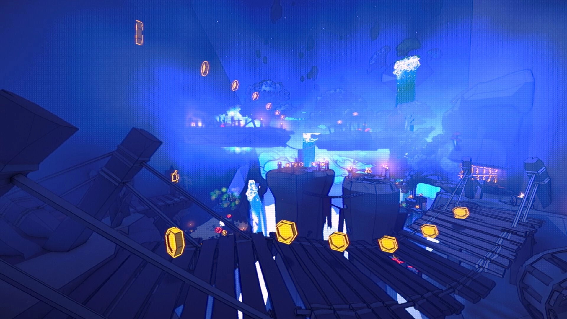 Bonehearts: Coin trail guides jumps across broken wooden bridges over misty blue canyon platforms at night.