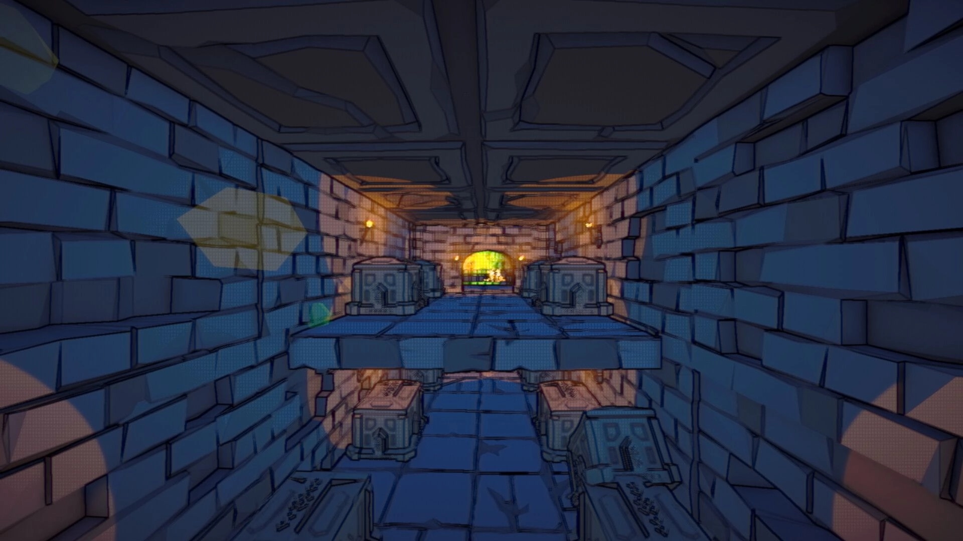 Bonehearts: Empty stone corridor with coffin platforms and torches, leading to a glowing archway ahead.