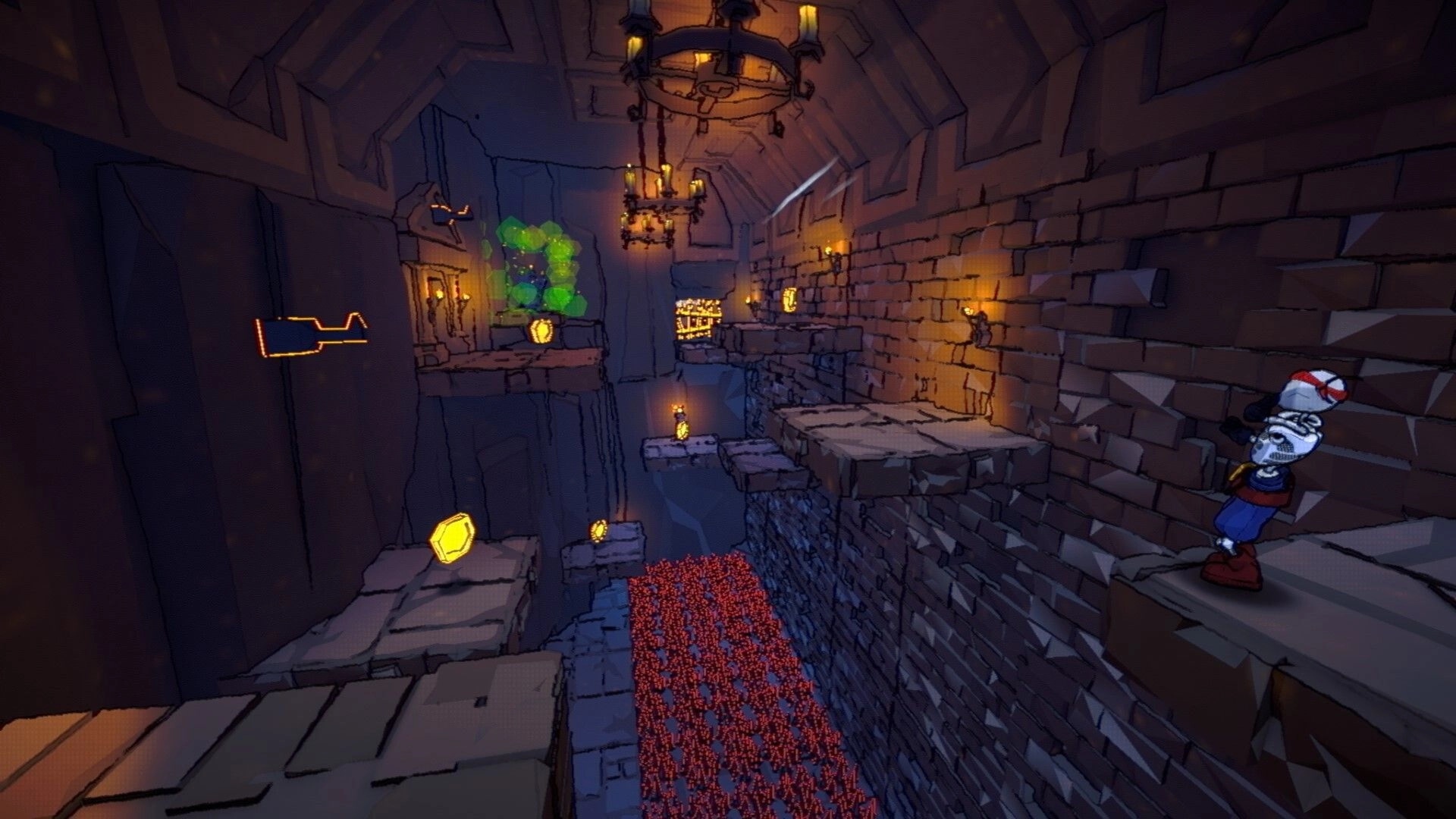 Bonehearts: Skeleton platforming across stone ledges over lava, candles and coins in a torchlit cave.