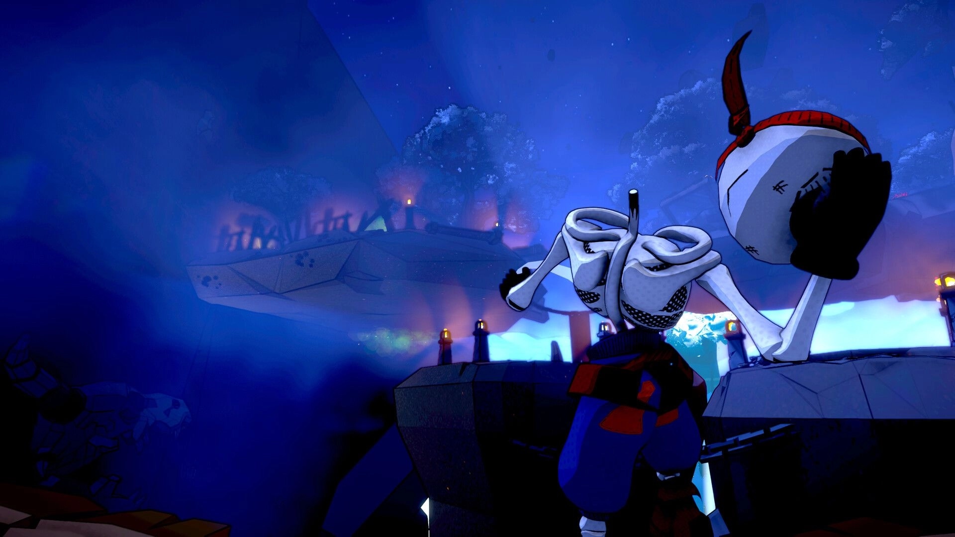 Bonehearts: Skeleton hero holds its detached head on a lantern-lit bridge in a foggy blue night forest.