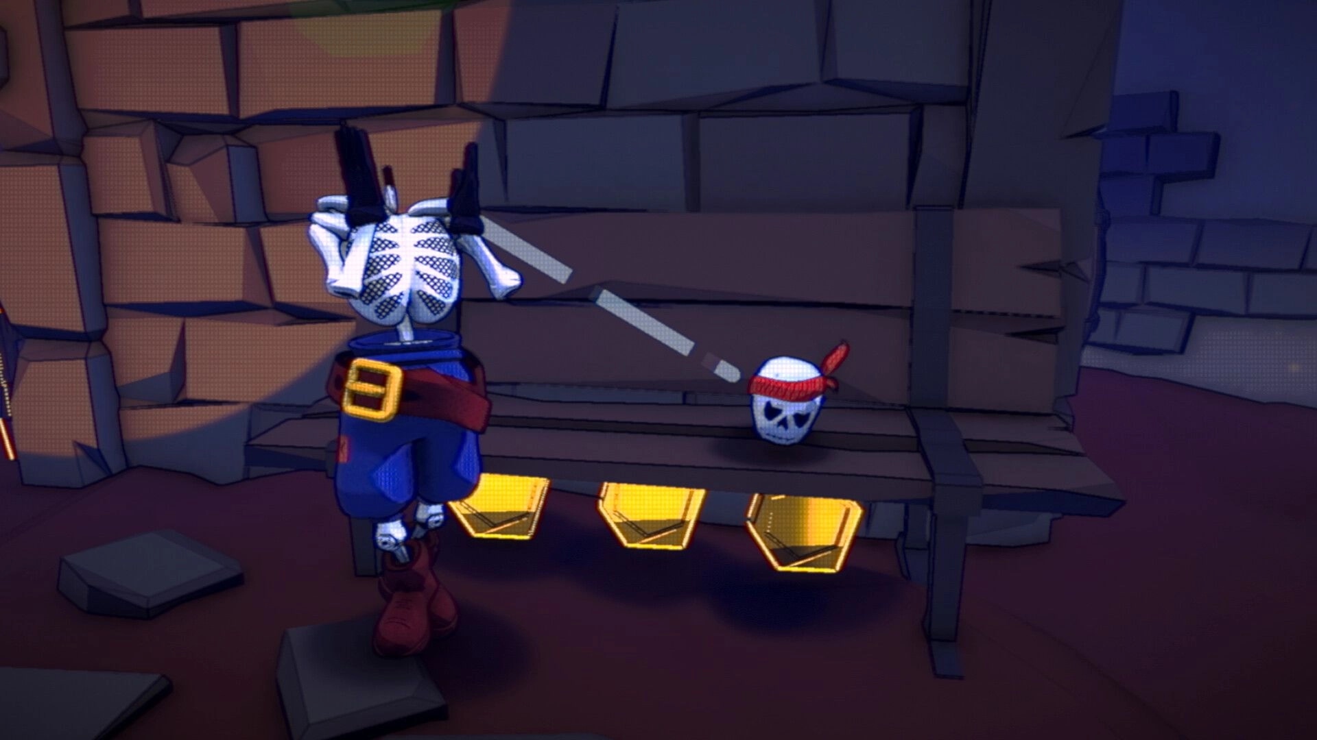 Bonehearts: Skeleton body stands headless as its skull hovers nearby in a stone dungeon room.