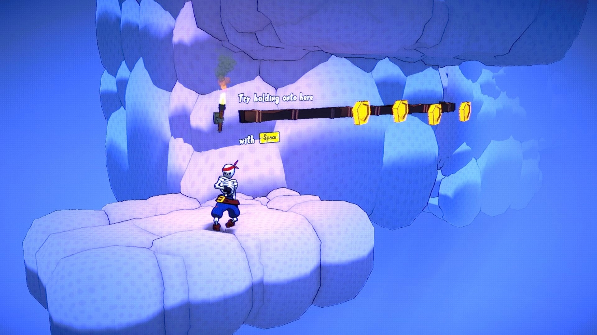 Bonehearts: Skeleton stands by a torch as a “Try holding onto here with Space” prompt in icy cave.