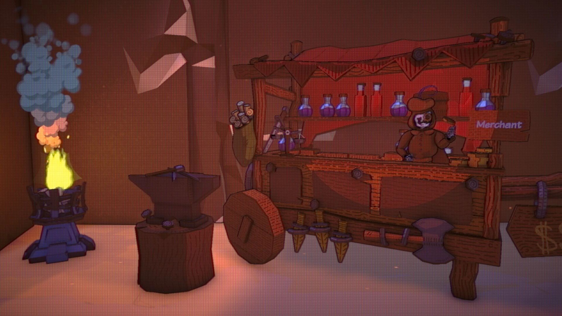 Bonehearts: Hooded merchant behind potion cart and weapons display in a dim wooden workshop cave.