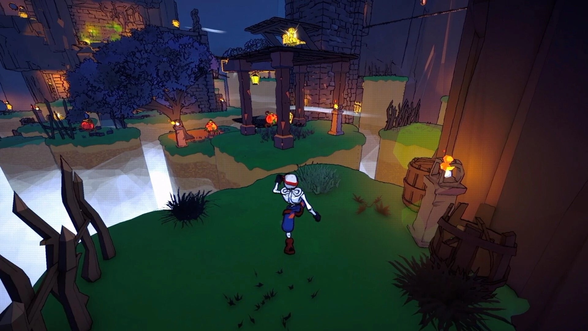 Bonehearts: Skeleton hero runs across grassy floating islands past lanterns, pumpkins, and stone ruins.