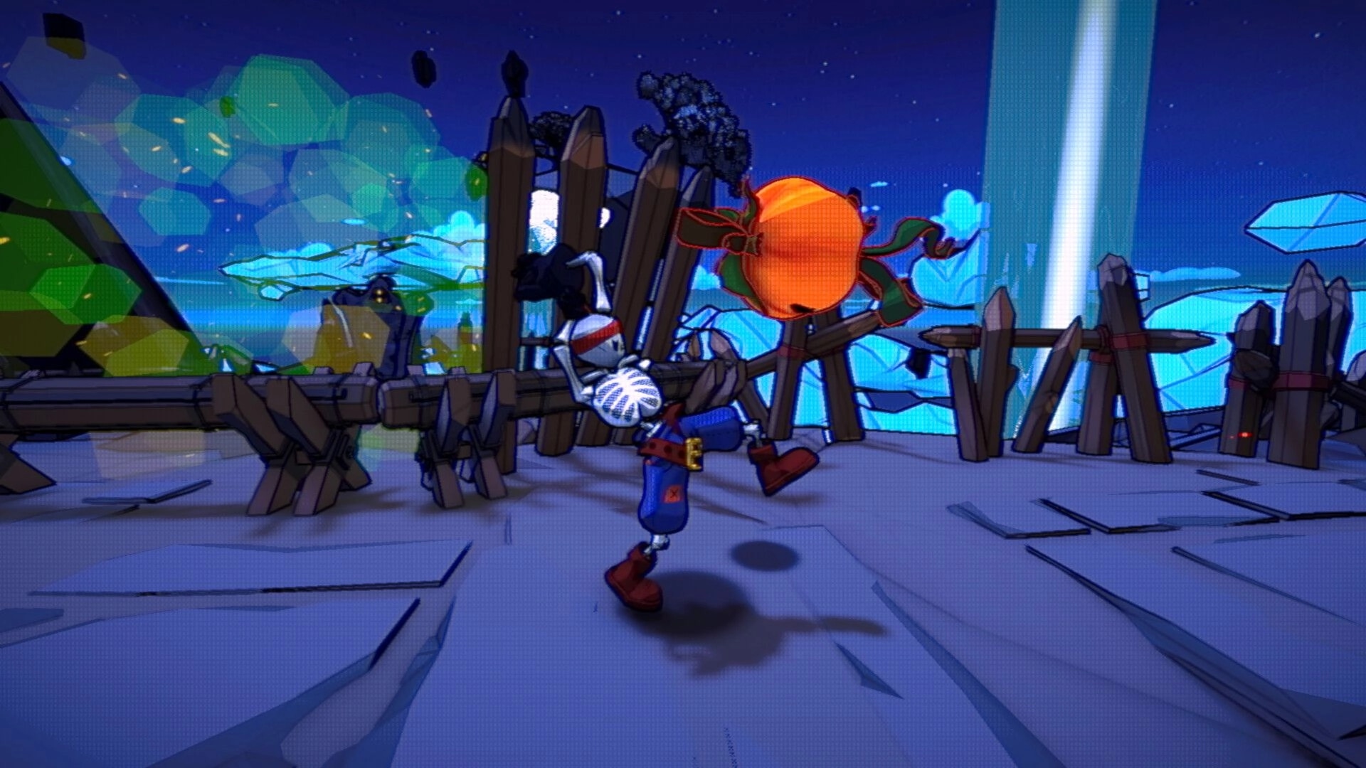 Bonehearts: Skeleton hero runs past wooden barricades on an icy platform under a starry sky.