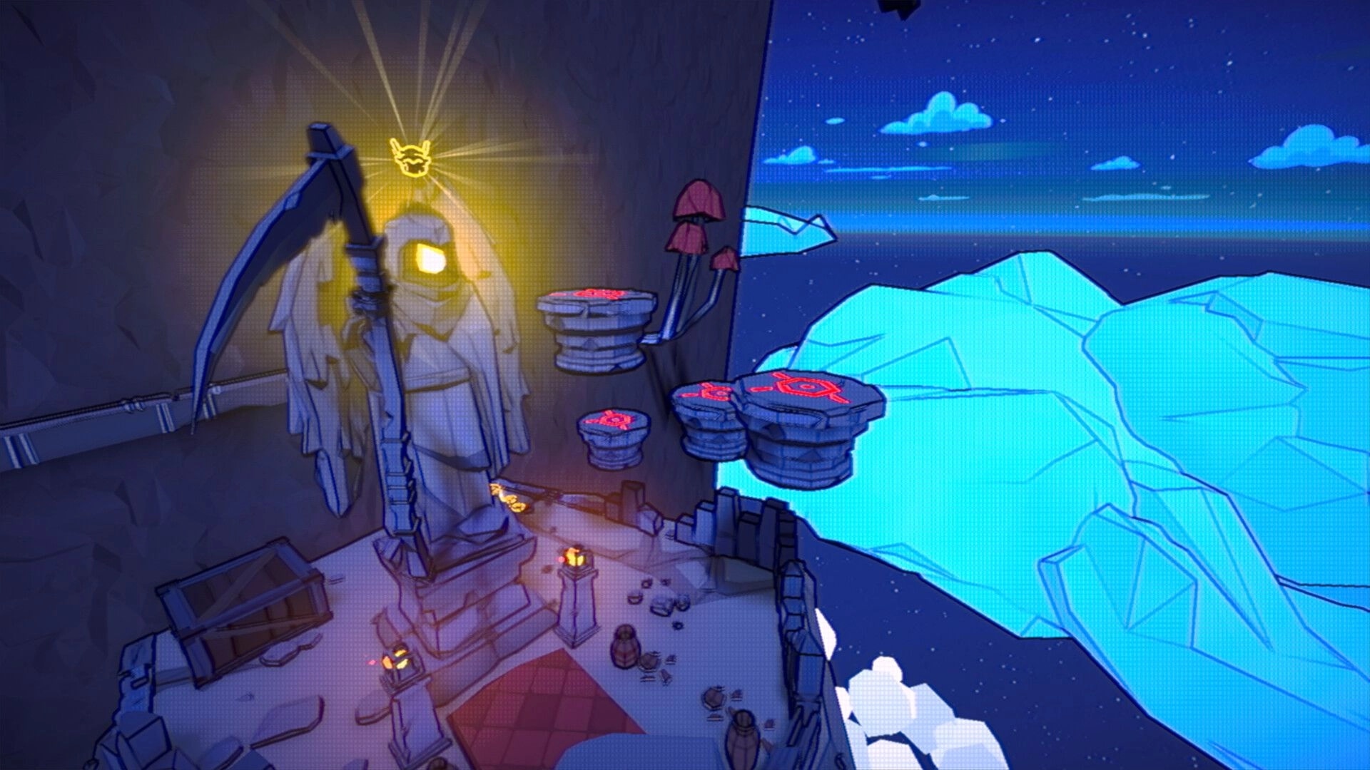 Bonehearts: Glowing reaper statue beside floating rune platforms in a cliffside shrine under night sky.