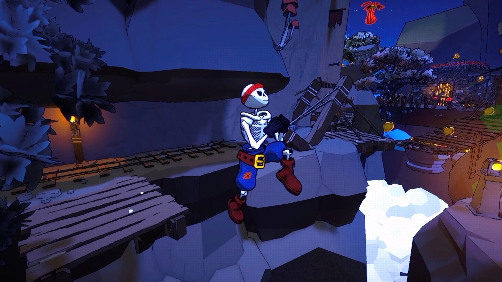 Bonehearts: Skeleton in red beanie jumps between rope bridges over a canyon at night with torches.