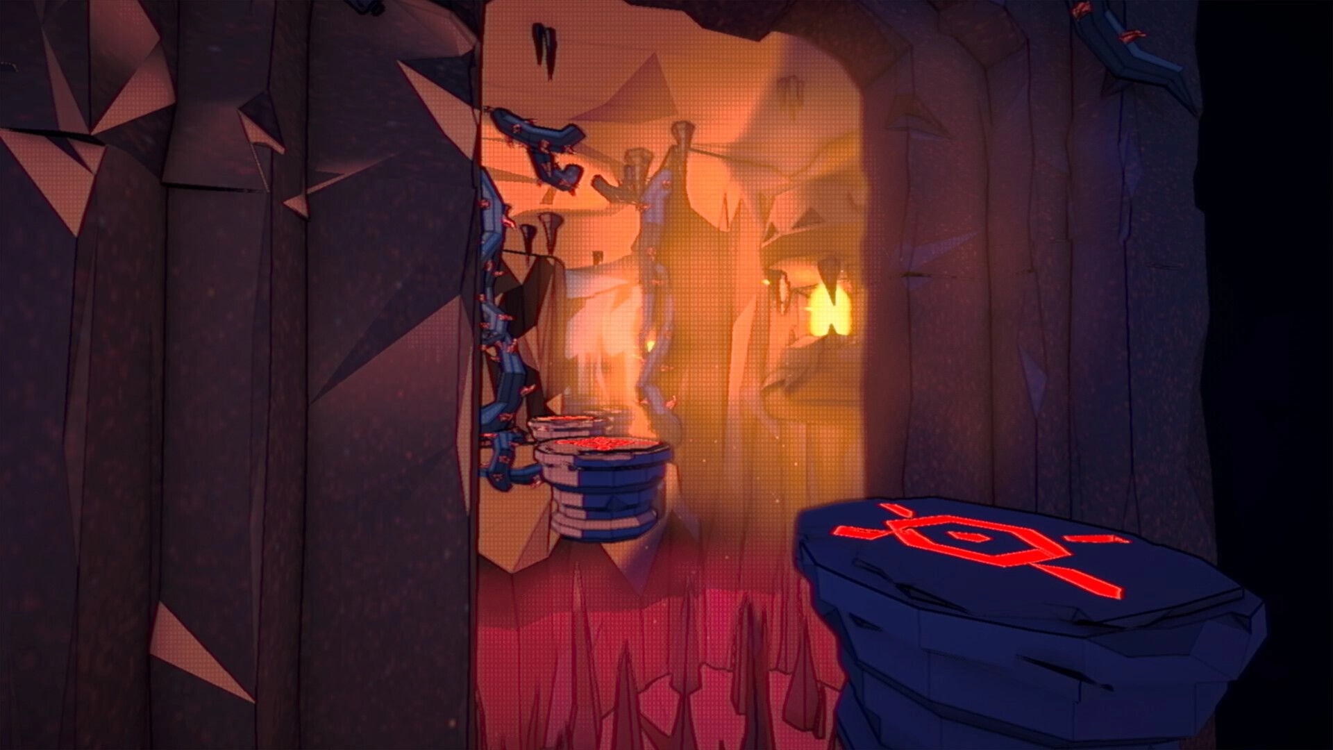 Bonehearts: Platforming across rune-marked stone ledges in a glowing cavern with hanging chains and spikes.