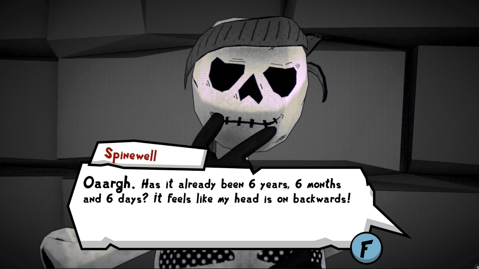 Bonehearts: Spinewell dialogue box close-up in gray stone room, pressing fingers to stitched mouth.