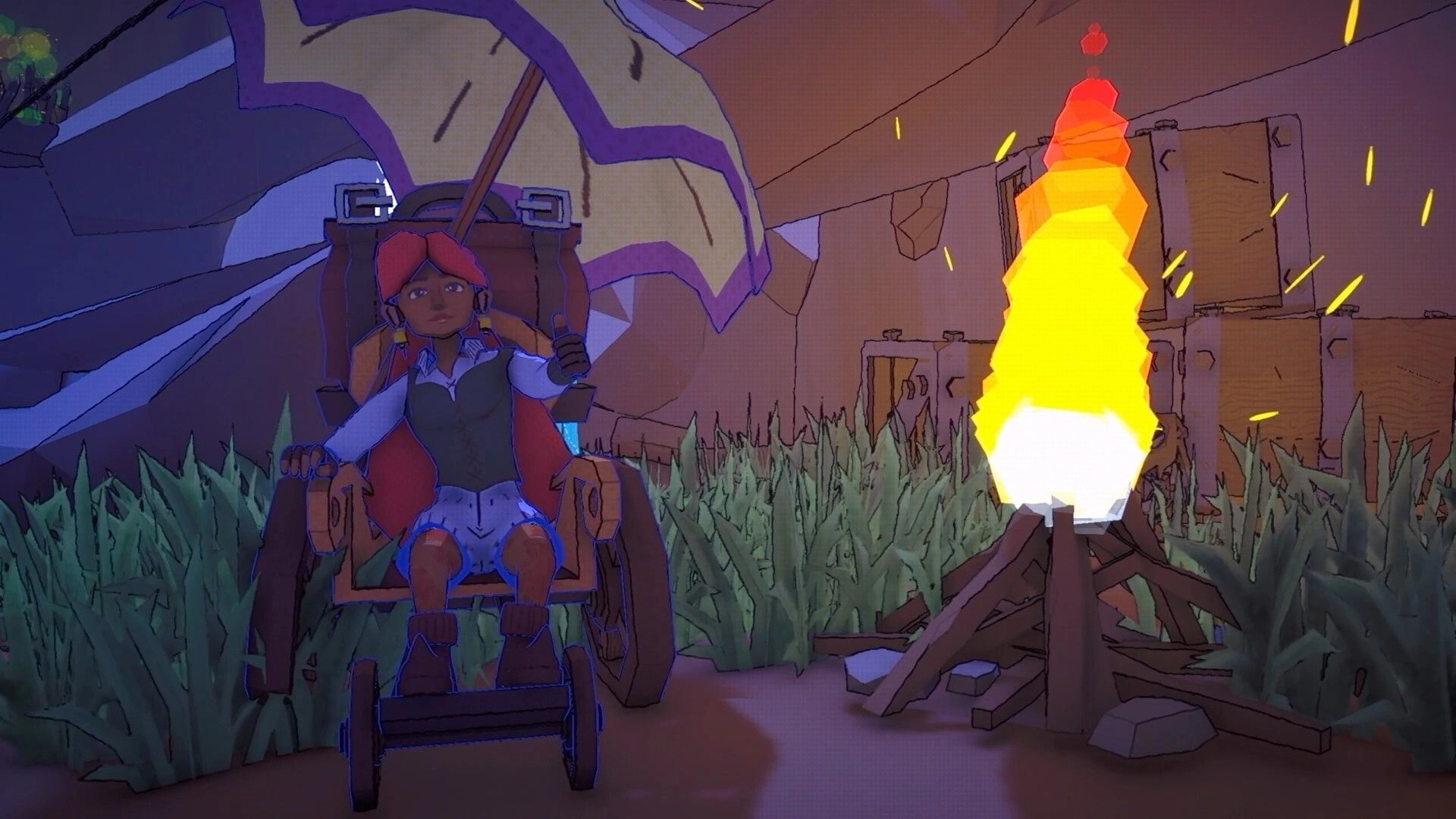 Bonehearts: Red-haired girl in a wheelchair holds an umbrella beside a blazing campfire in a junkyard cave.