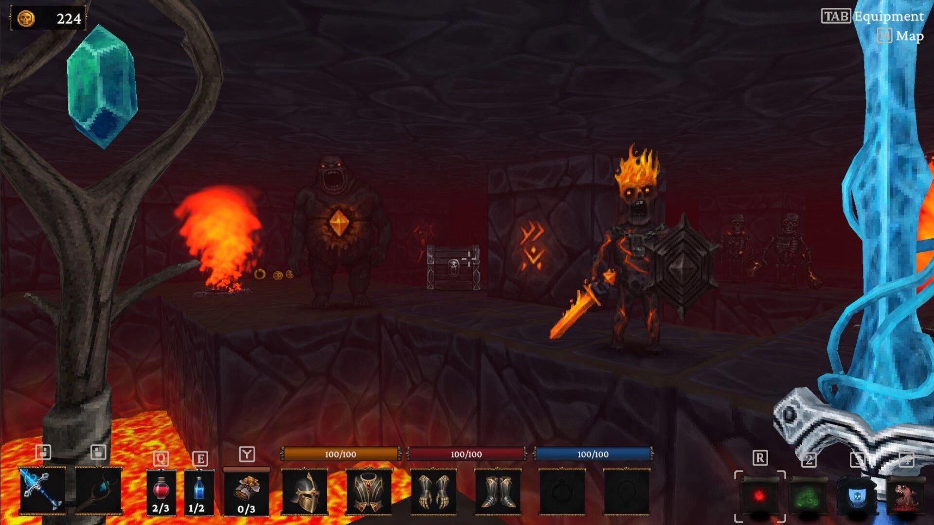 Bonehold: Flaming skeleton warrior with sword and shield in lava cave, hotbar and health bars visible.