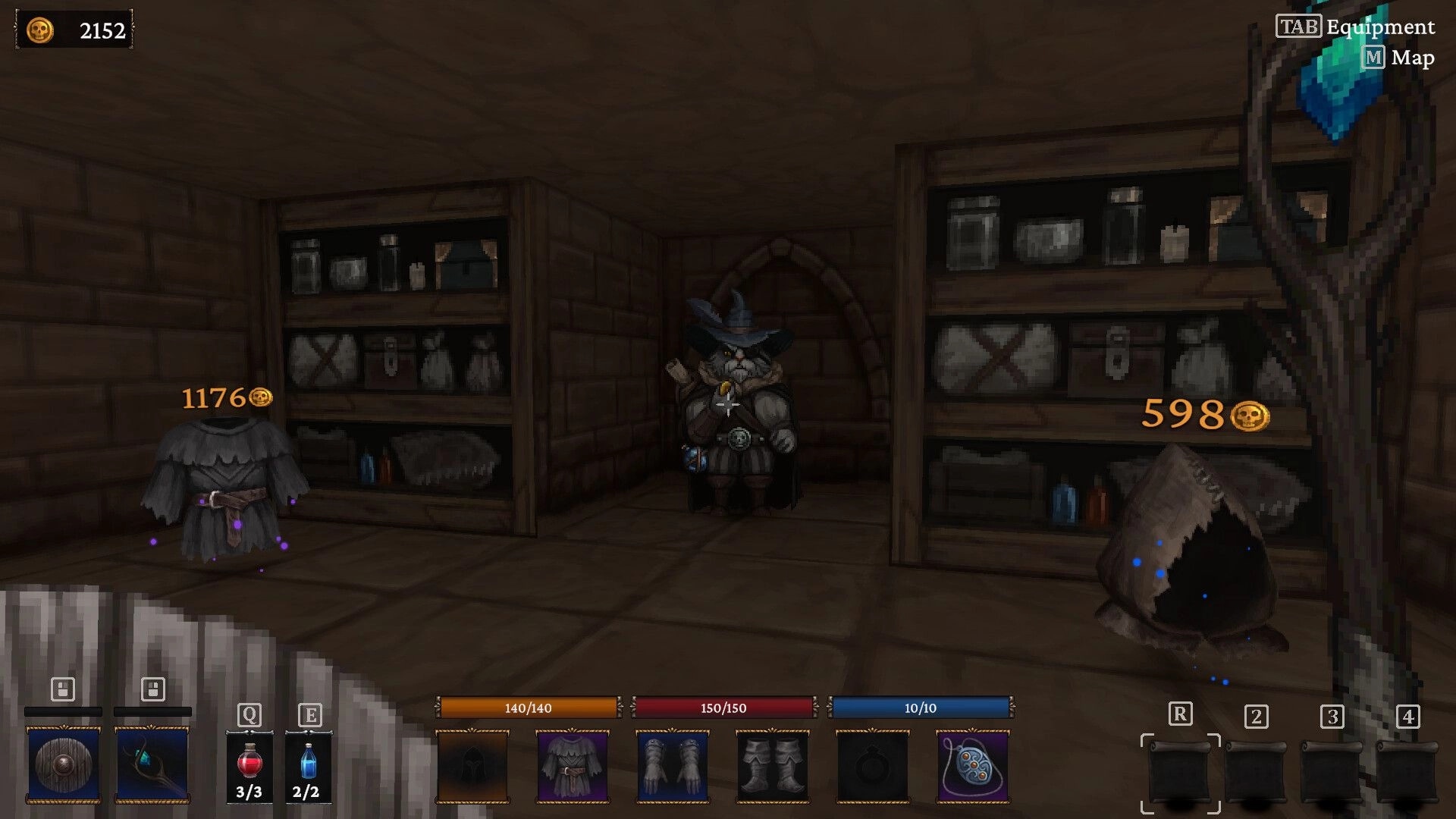 Bonehold: Shop interface with cloaks for sale and coin prices in a dim stone room with shelves.