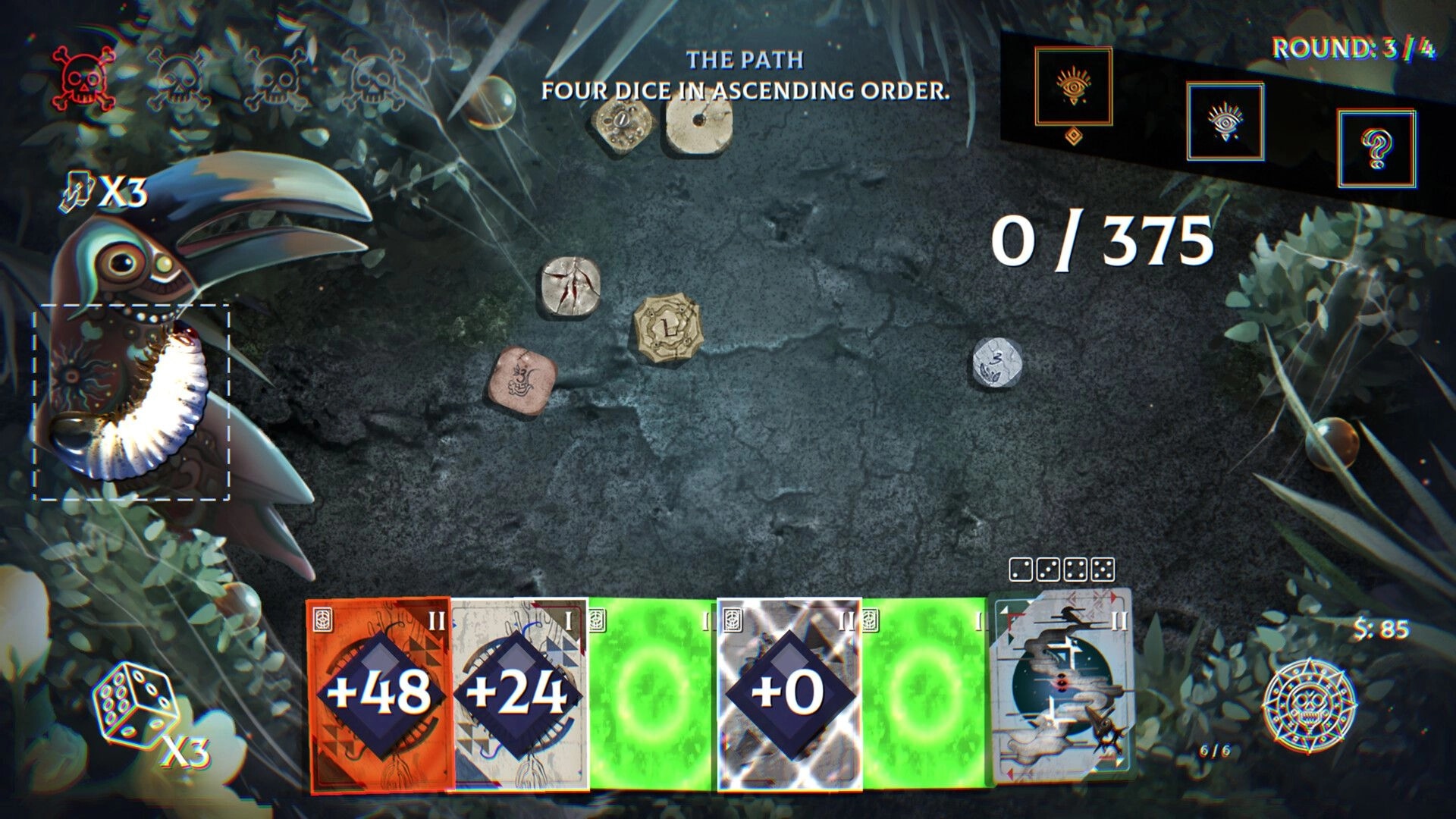 Bonereader: Dice puzzle round with cards +48, +24 and +0 on a stone board, score 0/375 UI.