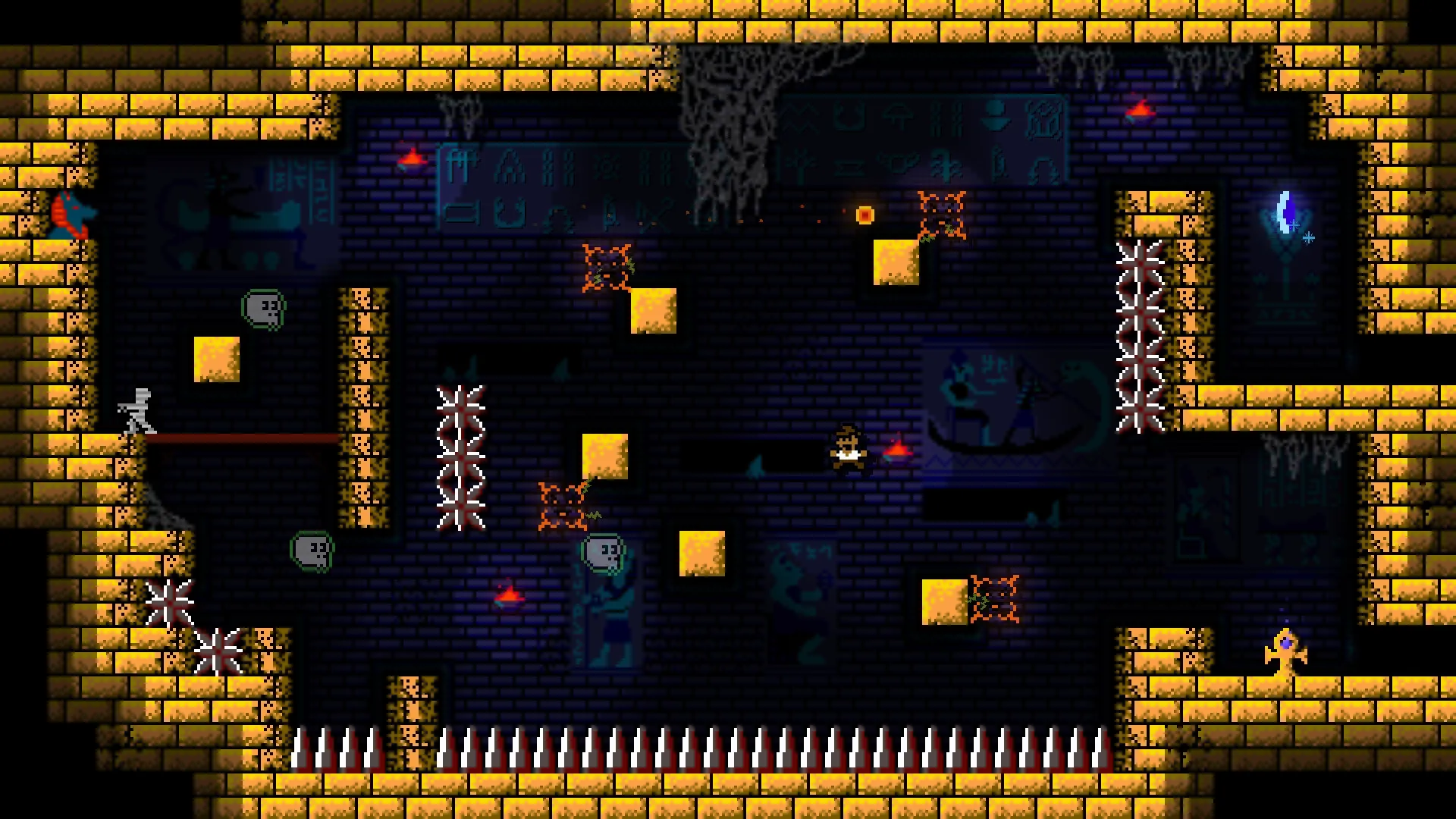 Bones Beneath: Player navigating spiked traps and mummy enemies in an Egyptian tomb with hieroglyph walls