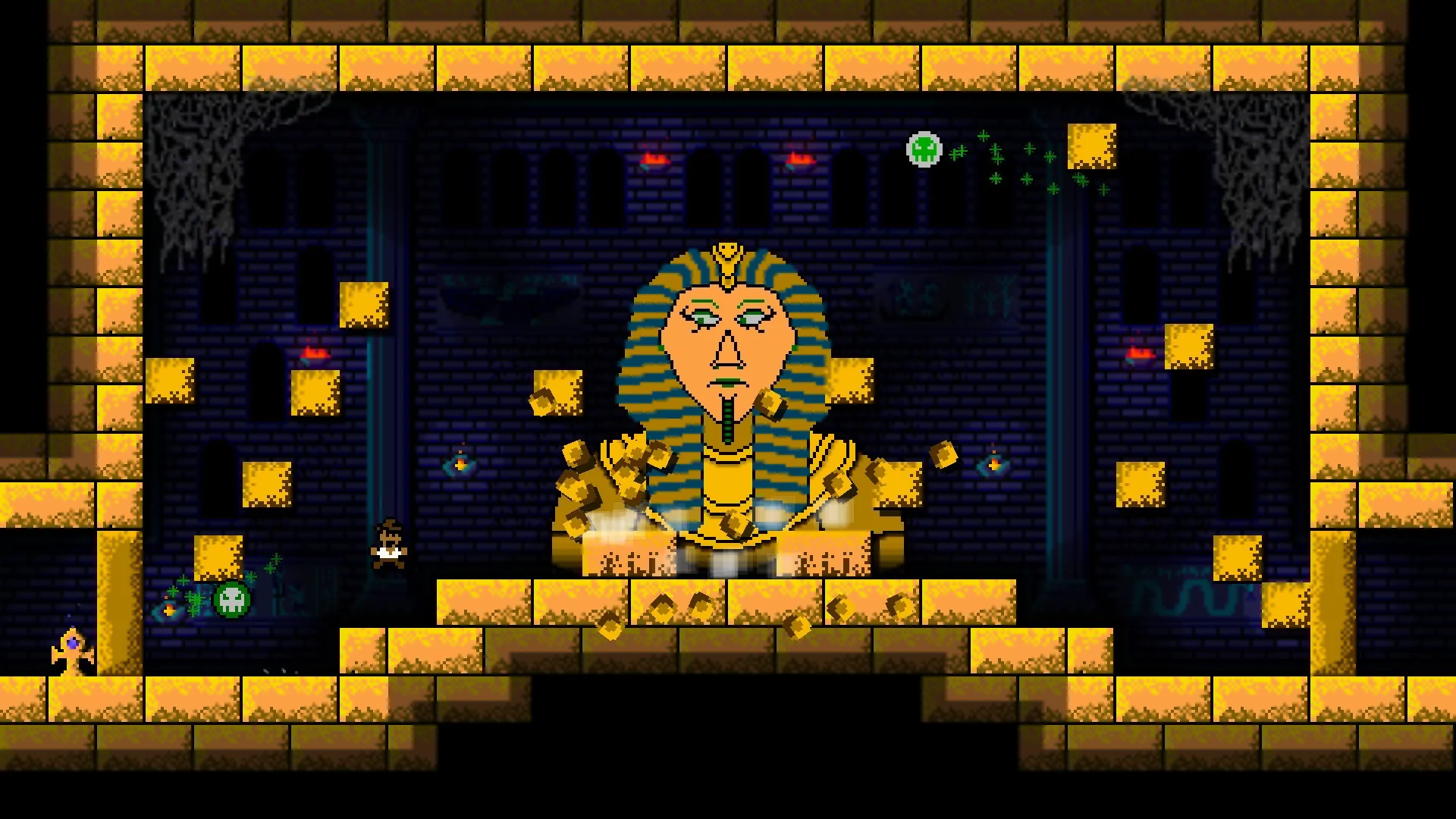 Bones Beneath: Player navigates crumbling blocks and enemies near giant pharaoh statue in tomb.