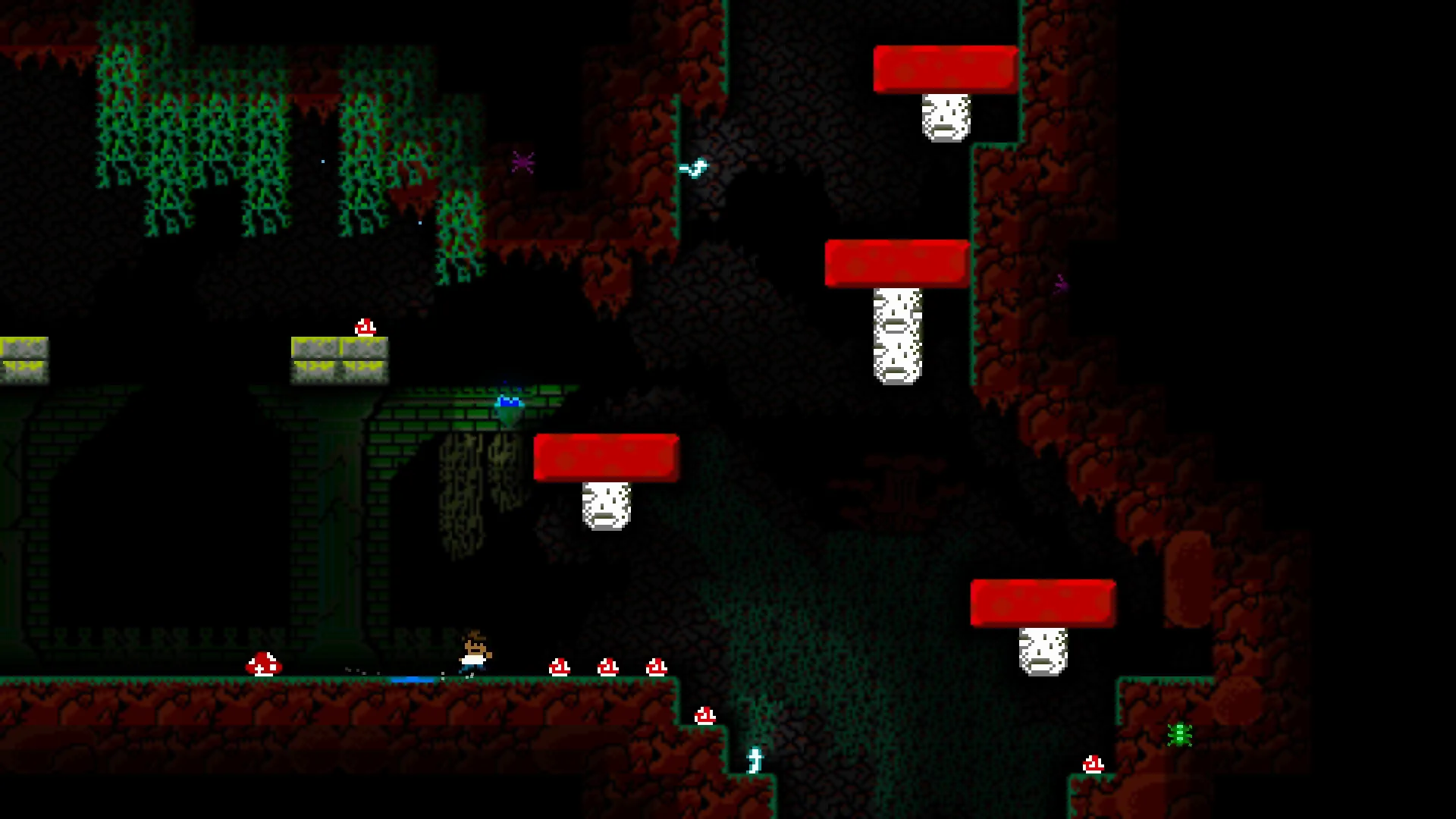 Bones Beneath: Character jumps between red platforms in dark, cavernous Egyptian underworld environment.