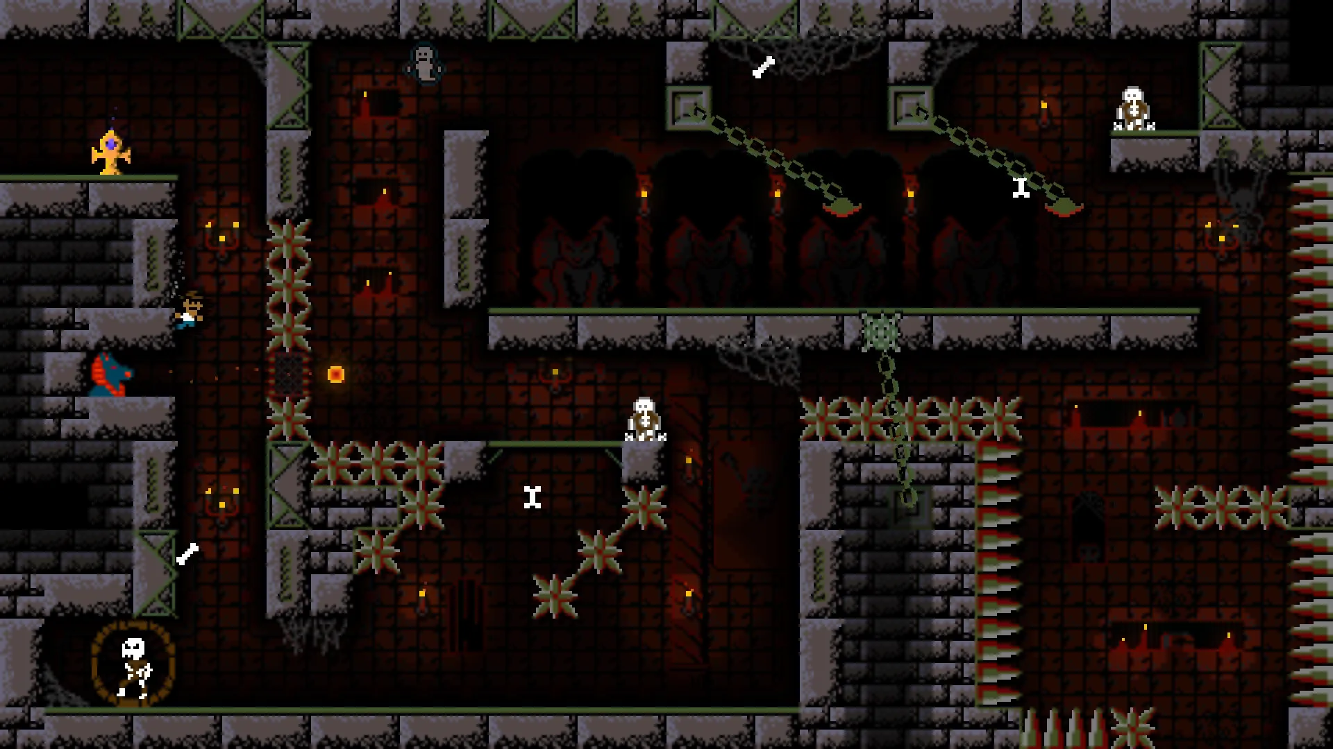 Bones Beneath: Player navigating spiked traps and enemies in a dark, dungeon-like Egyptian underworld.