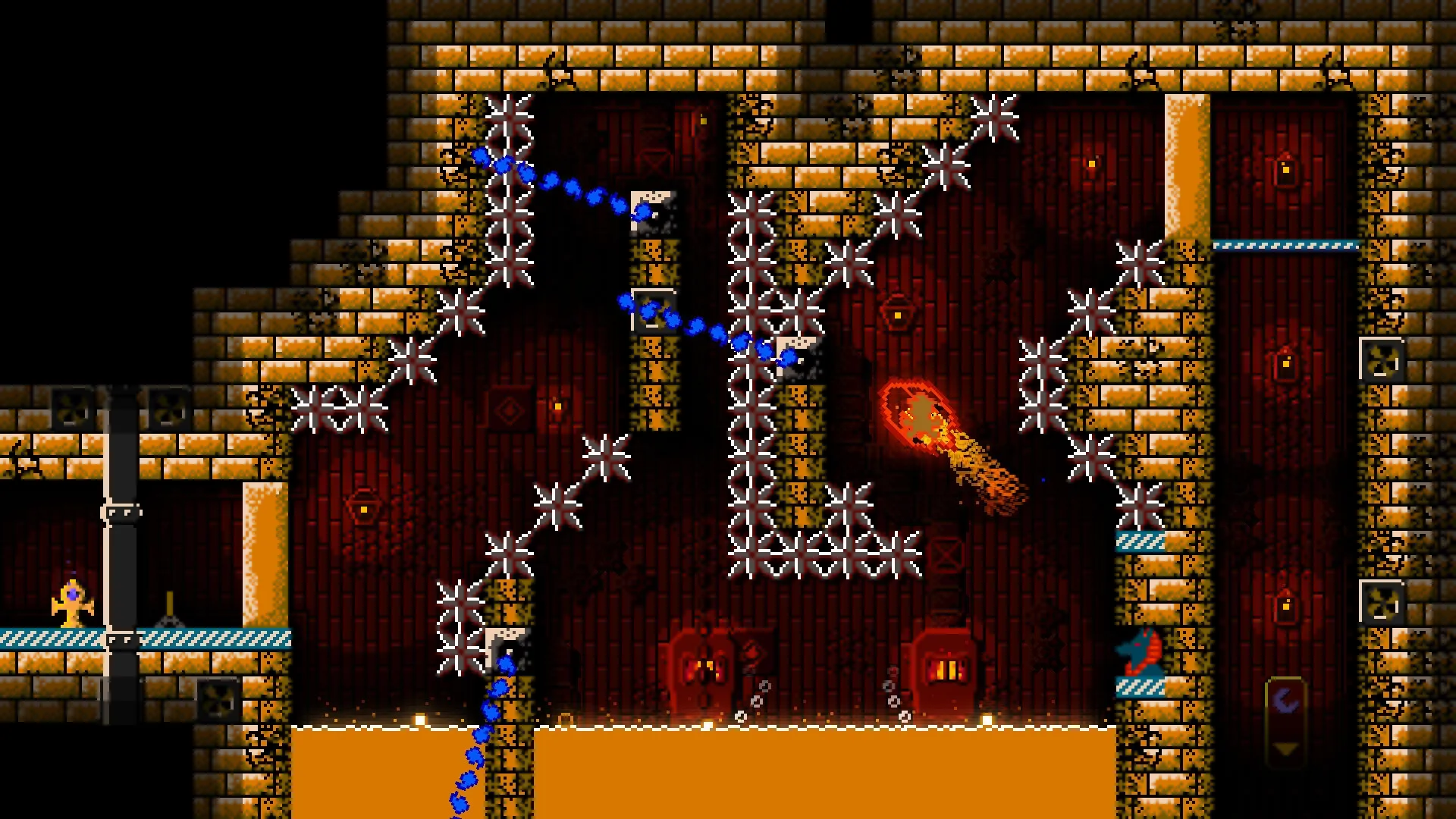 Bones Beneath: Player navigating spiked traps and fireball in an ancient Egyptian underground chamber