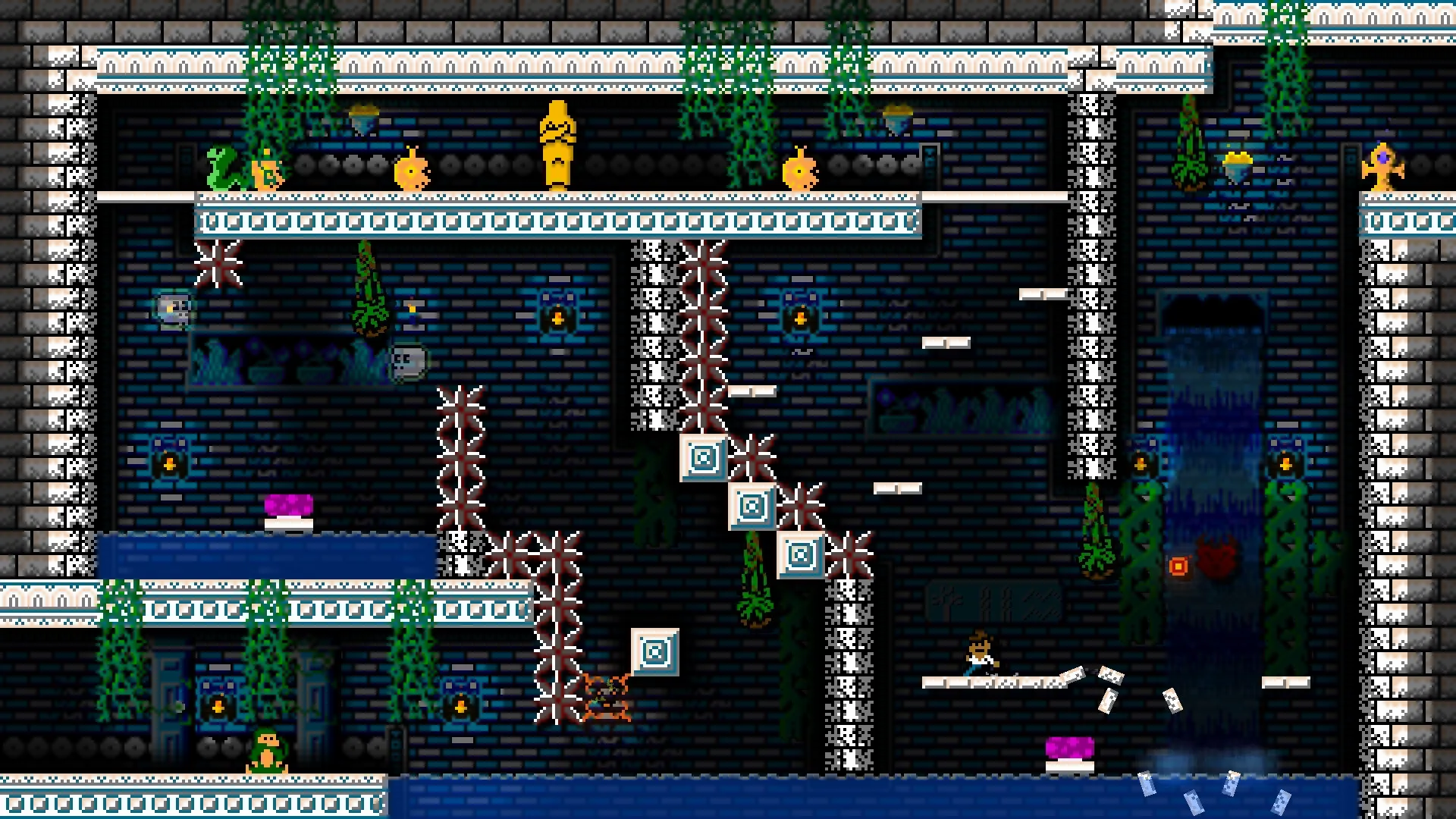 Bones Beneath: Player navigates a trap-filled ancient temple with moving platforms and spike obstacles
