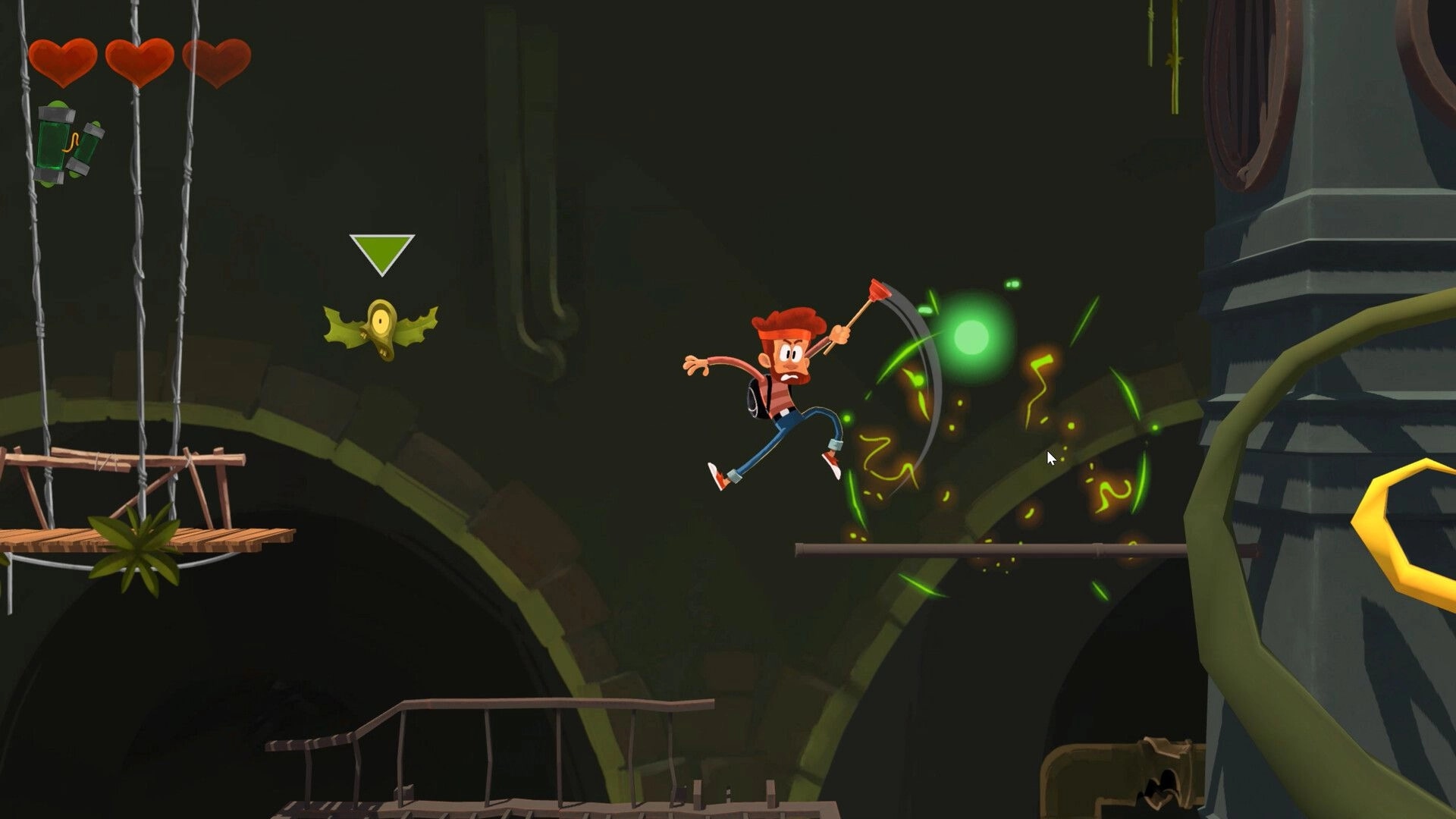 Boo!: Character jumps over gap with scythe in dark cavern, health hearts and green creature visible