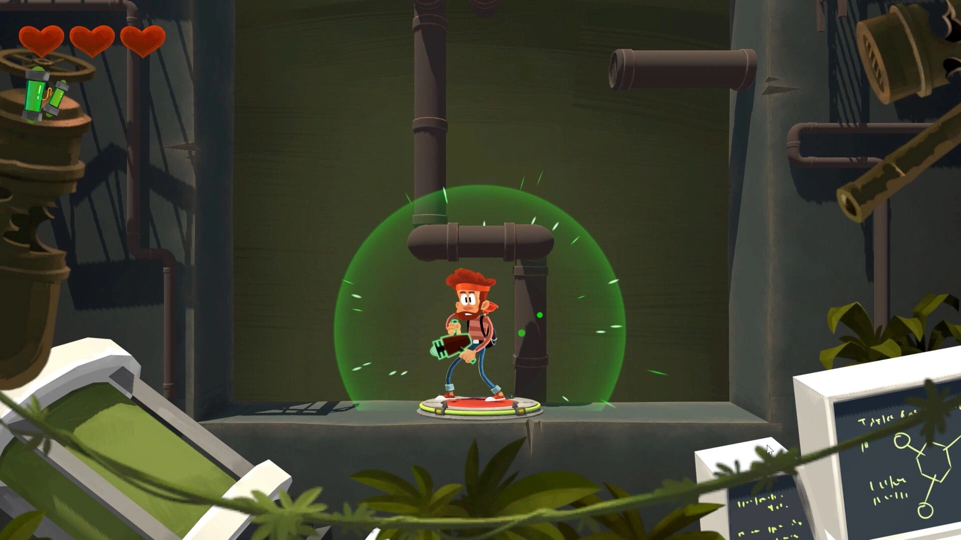Boo!: Player character stands on platform with green energy shield in an industrial plant setting