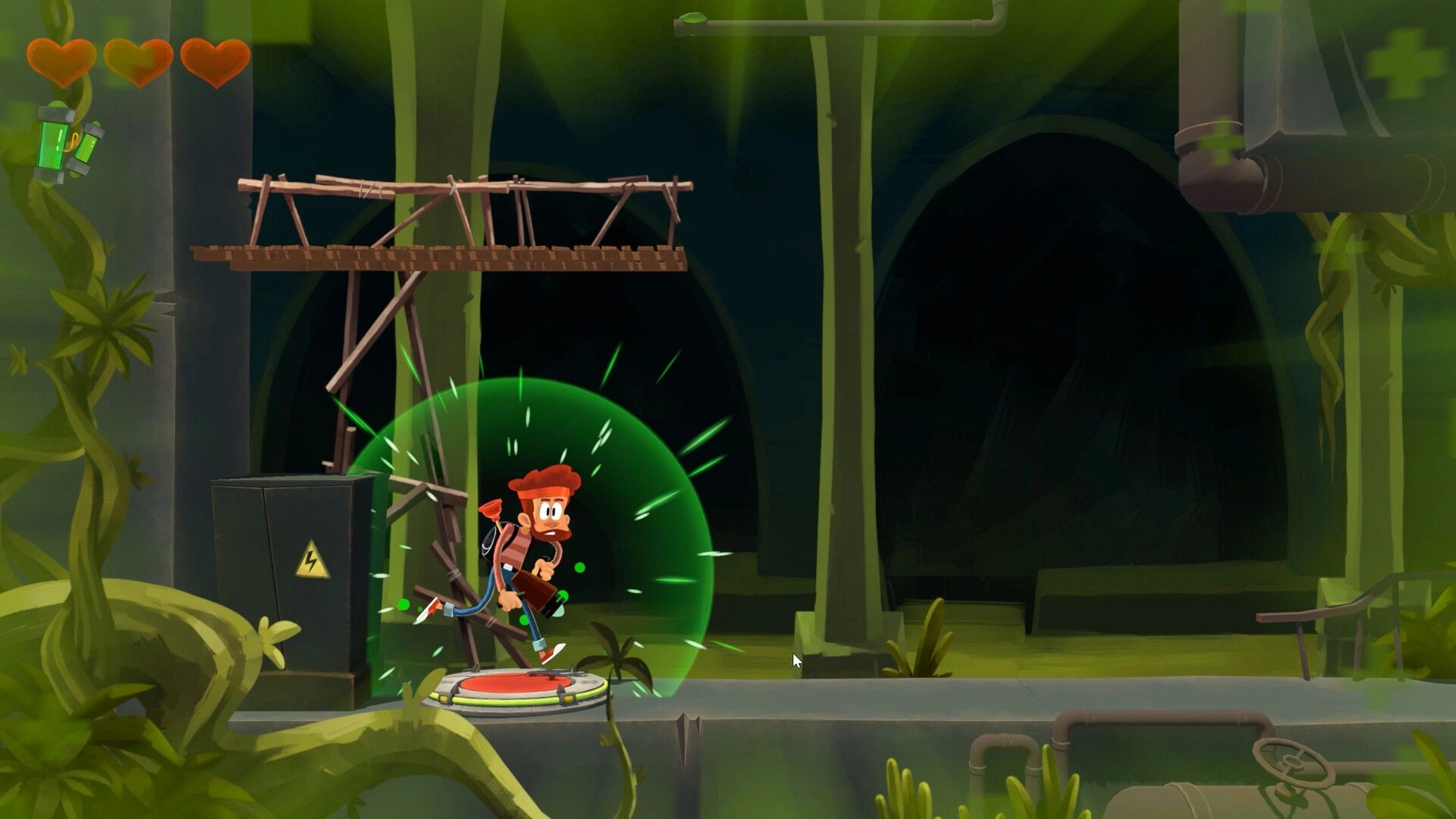 Boo!: Character activates shield on platform in vine-covered industrial area with heart icons visible