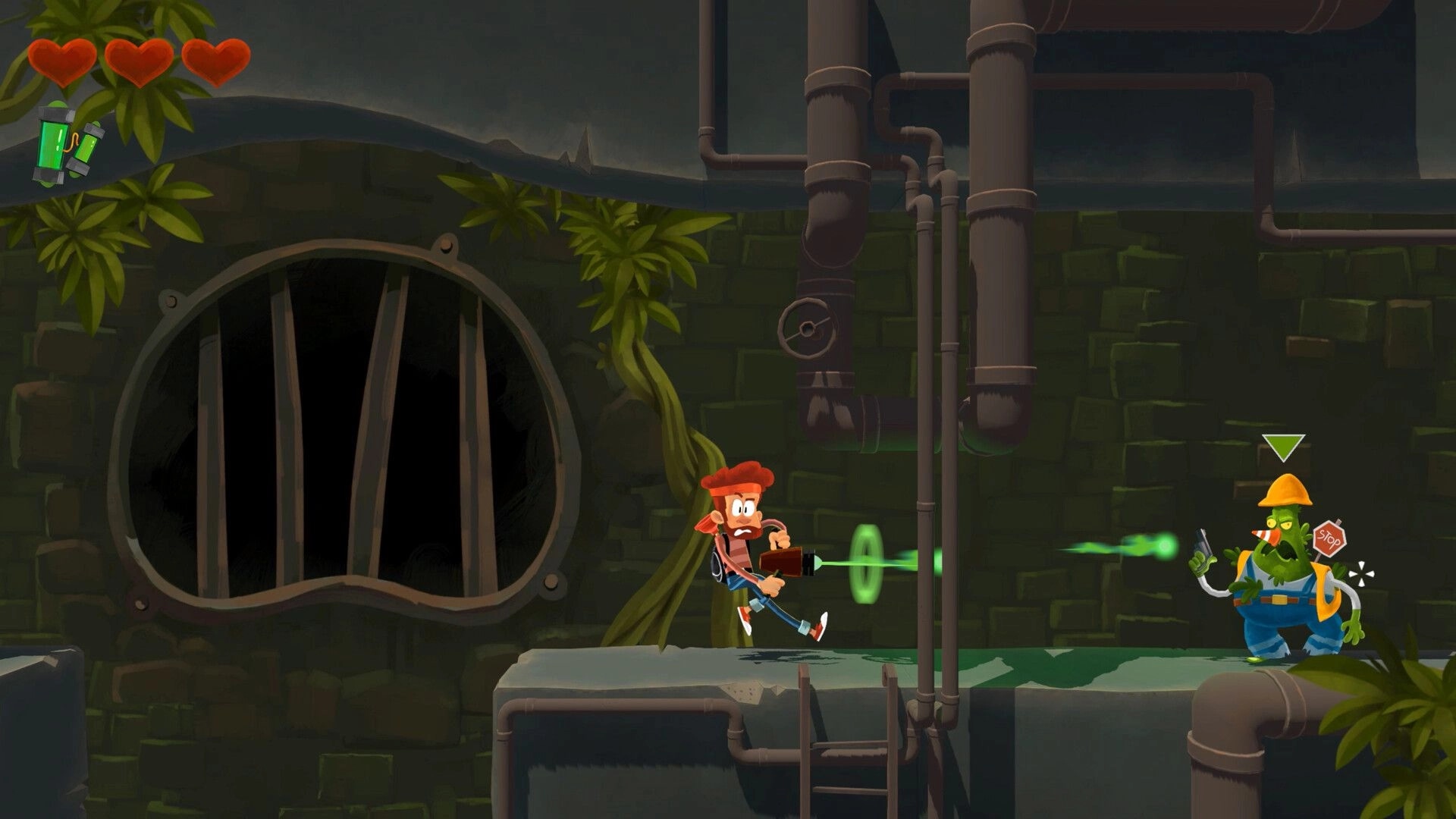Boo!: Cartoon character firing green blaster at enemy worker in a sewer with pipes and foliage.