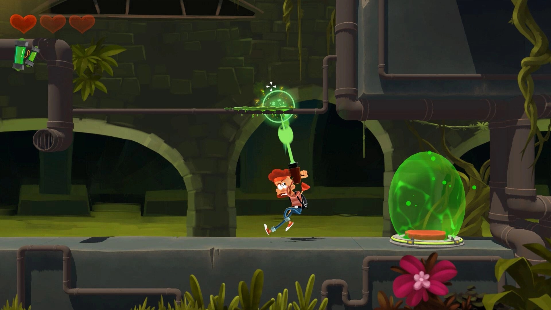 Boo!: Character jumps with blaster in a plant-infested sewer, aiming at a green orb switch above.