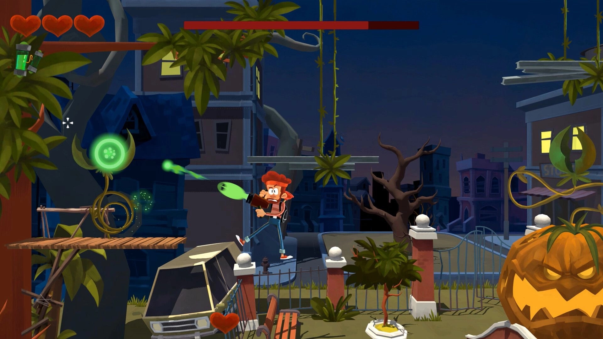 Boo!: Character fires green blaster at plant monster, with health bar and hearts in urban night setting.