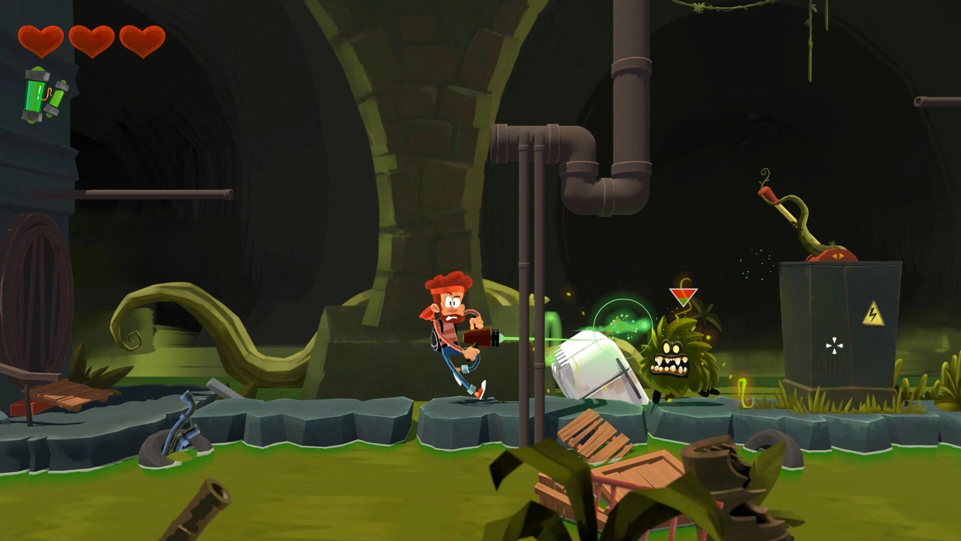 Boo!: Player character shooting at plant monster in a sewer with health and blaster modules displayed