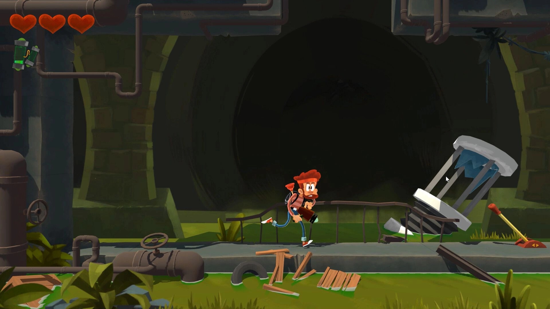 Boo!: Character running through an underground sewer environment with visible health and ammo UI.