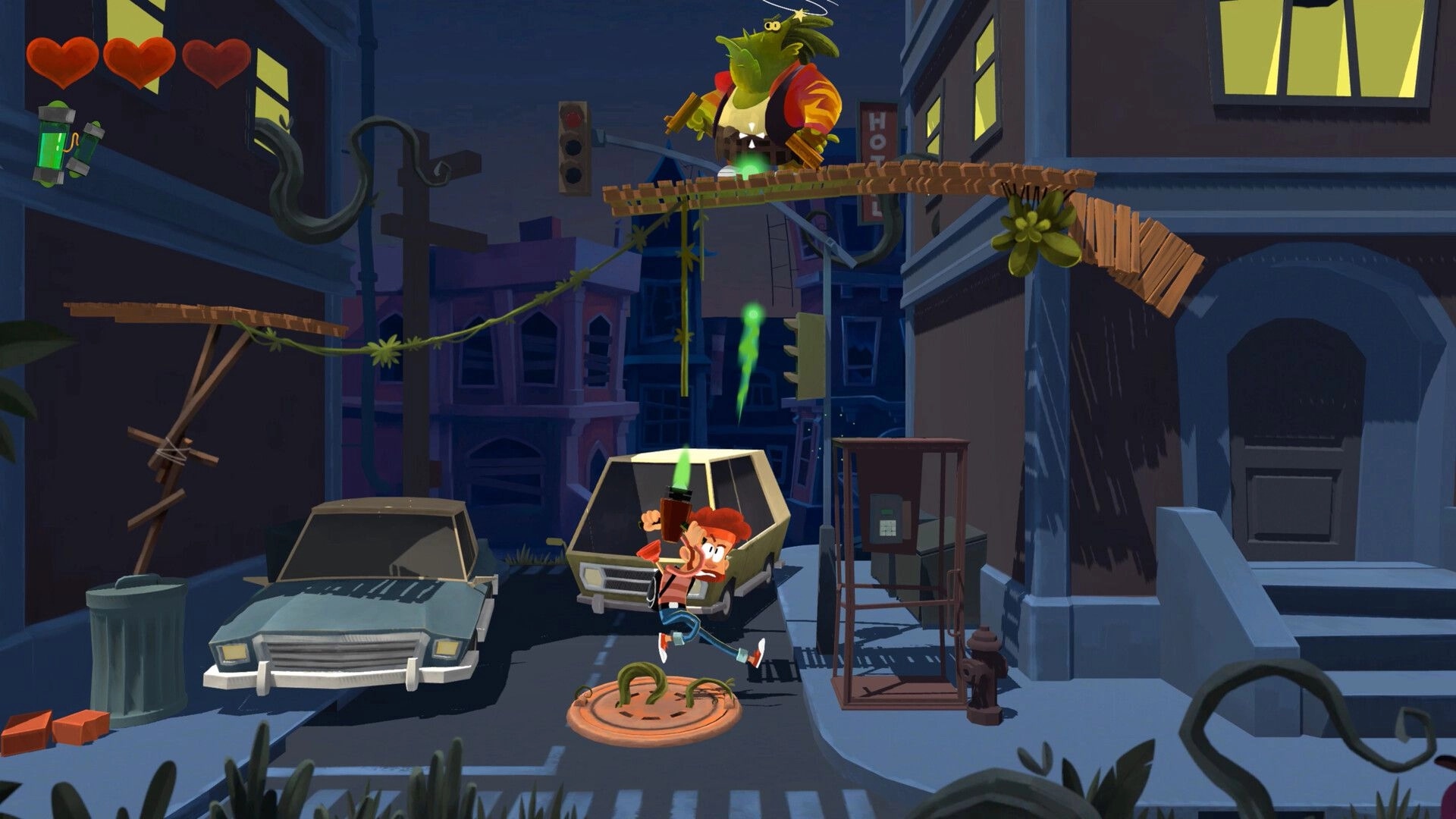 Boo!: Character firing blaster at green monster on wooden bridge in dark city street setting