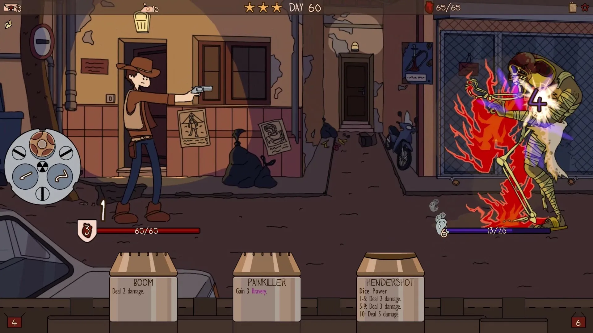 Boogey Hunters: Cowboy character battles fiery skeleton in an alley with ammo options displayed below.